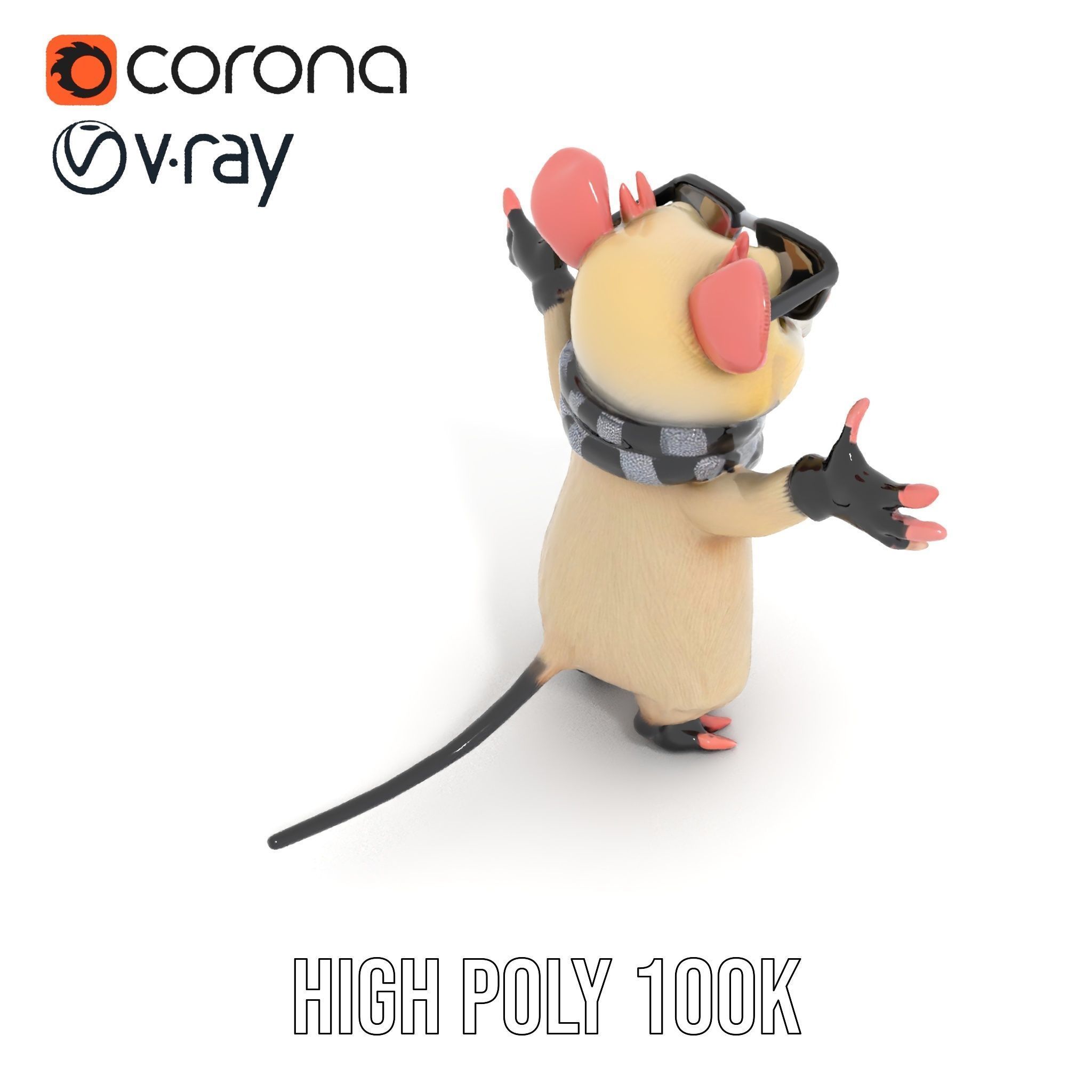 Cool Mouse Character  Rigged and Animated with Accessories Low-poly 3D model_21