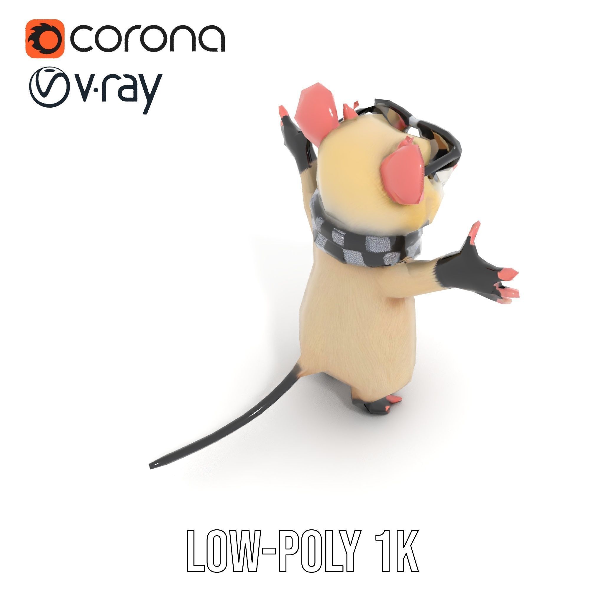 Cool Mouse Character  Rigged and Animated with Accessories Low-poly 3D model_26