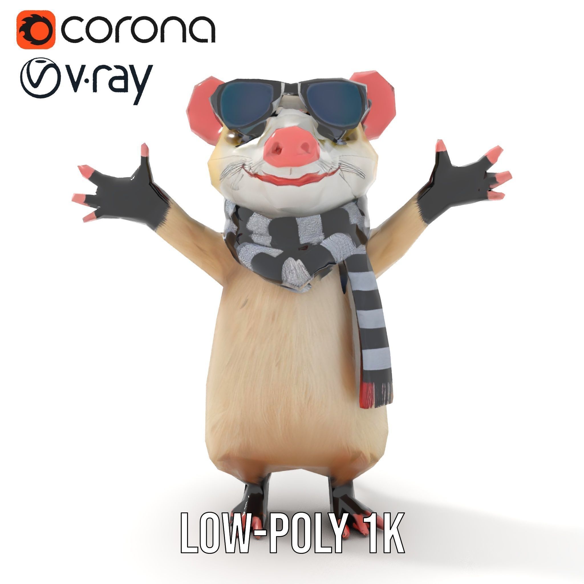 Cool Mouse Character  Rigged and Animated with Accessories Low-poly 3D model_8