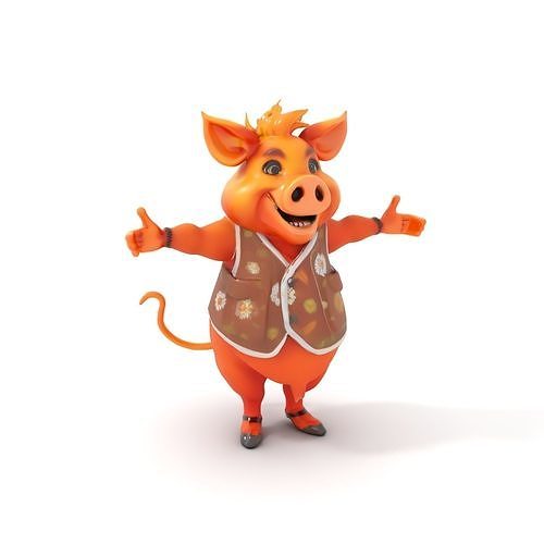 Cheerful Pig Character Rigged and Animated in Floral Vest Low-poly 3D model