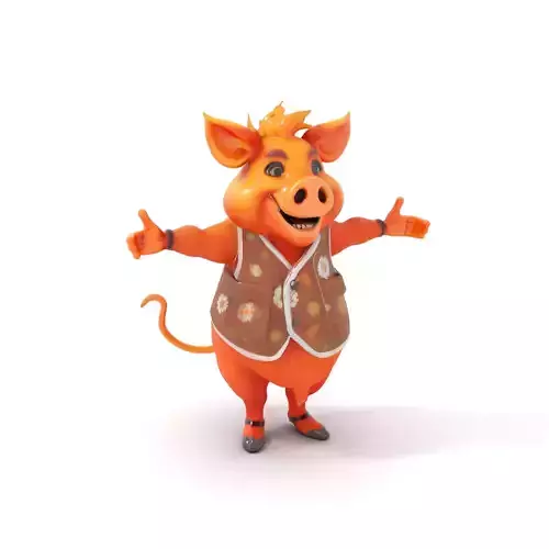 Cheerful Pig Character Rigged and Animated in Floral Vest Low-poly 3D model
