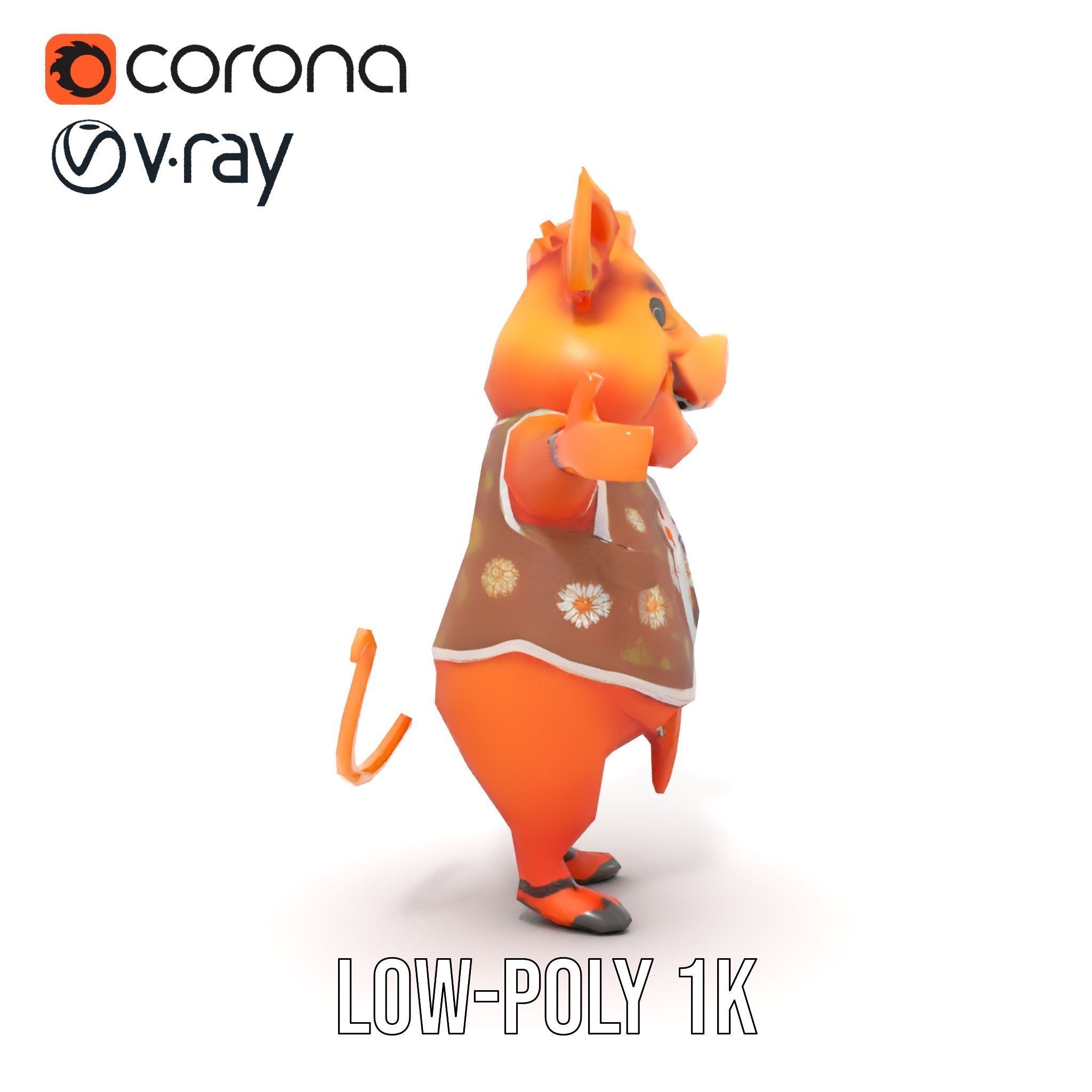 Cheerful Pig Character Rigged and Animated in Floral Vest Low-poly 3D model_17