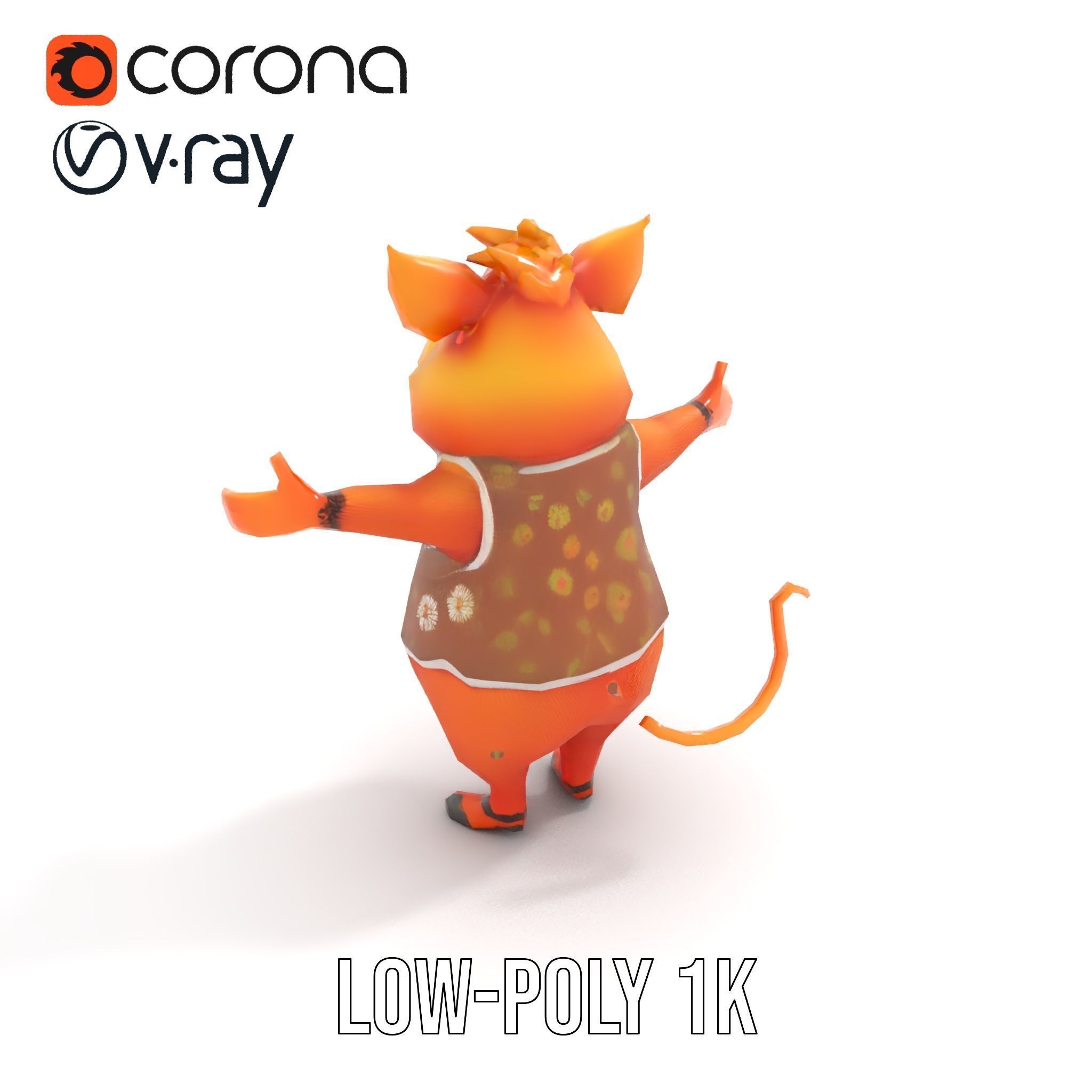 Cheerful Pig Character Rigged and Animated in Floral Vest Low-poly 3D model_12