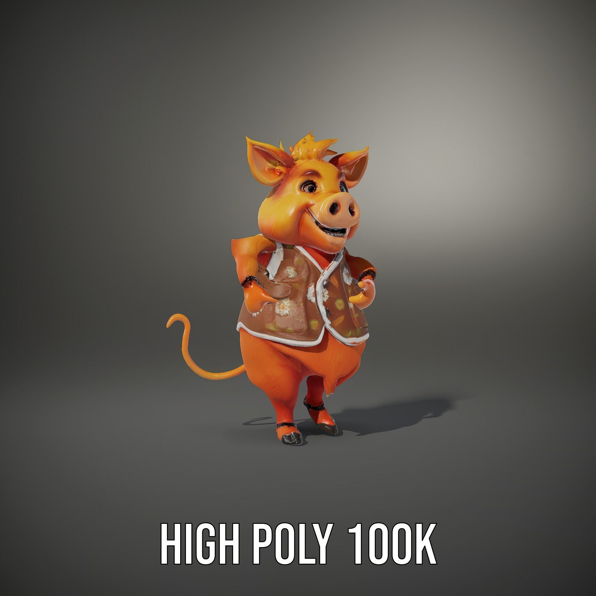 Cheerful Pig Character Rigged and Animated in Floral Vest Low-poly 3D model_24