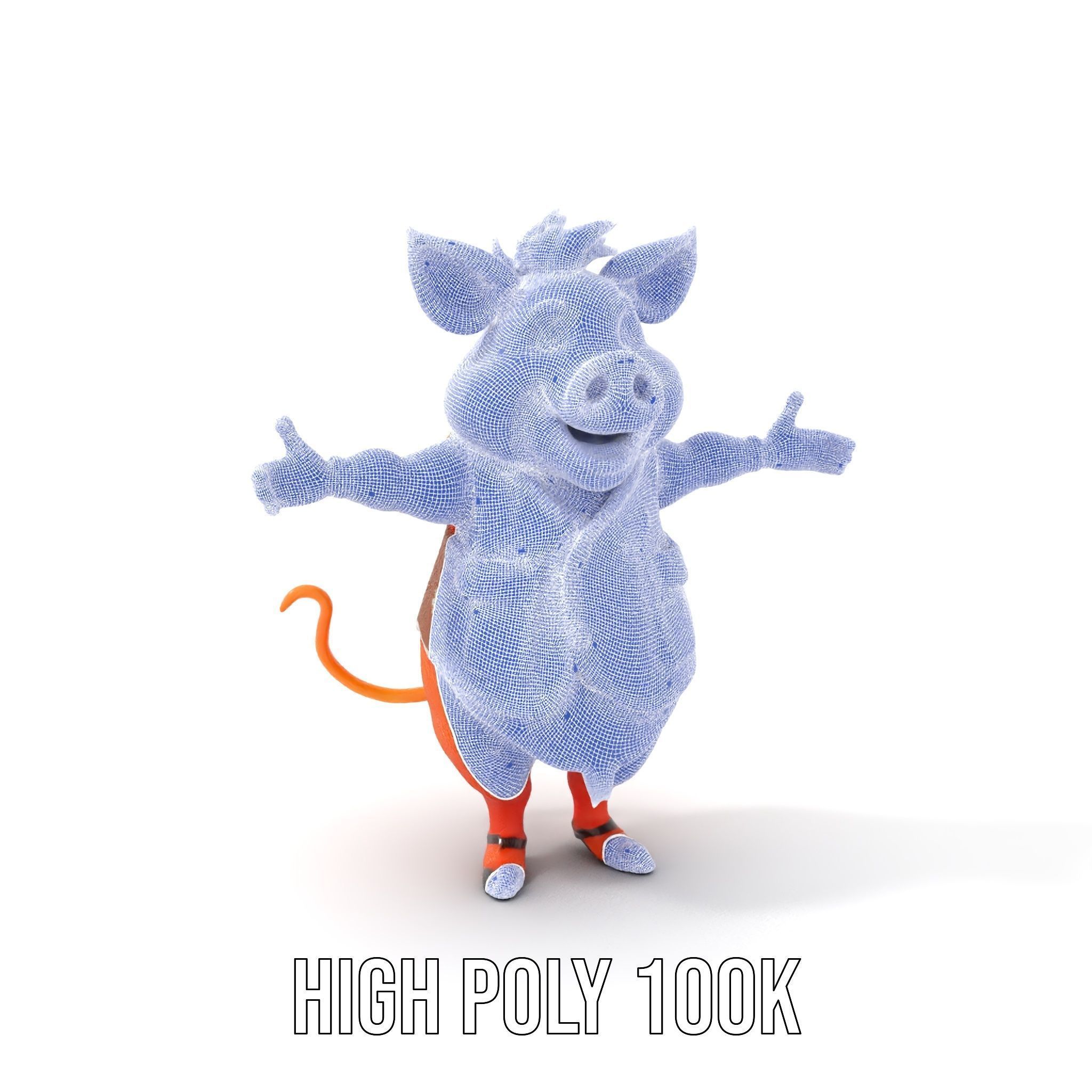 Cheerful Pig Character Rigged and Animated in Floral Vest Low-poly 3D model_5