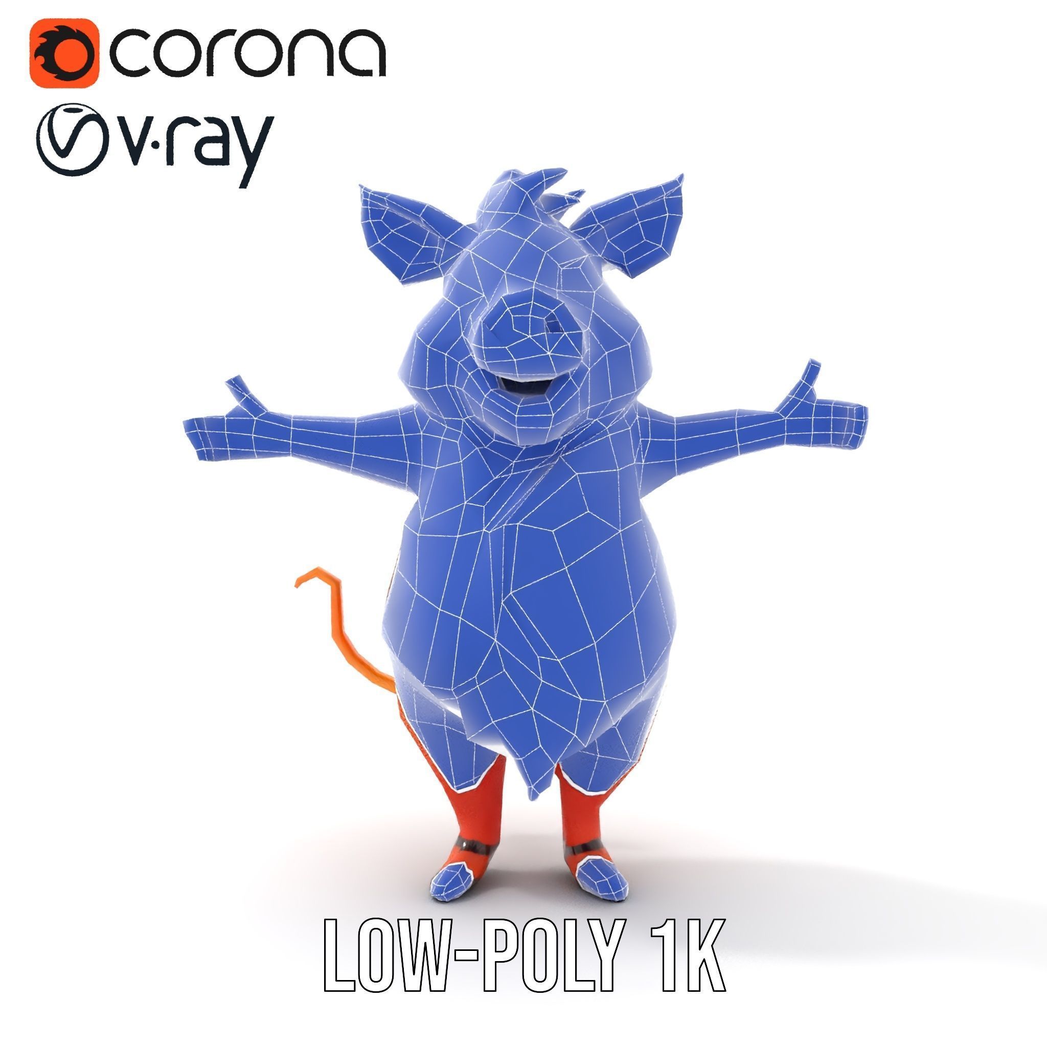 Cheerful Pig Character Rigged and Animated in Floral Vest Low-poly 3D model_29