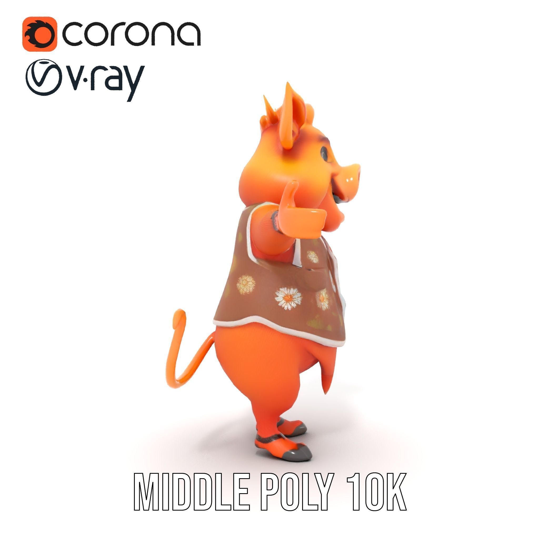 Cheerful Pig Character Rigged and Animated in Floral Vest Low-poly 3D model_28