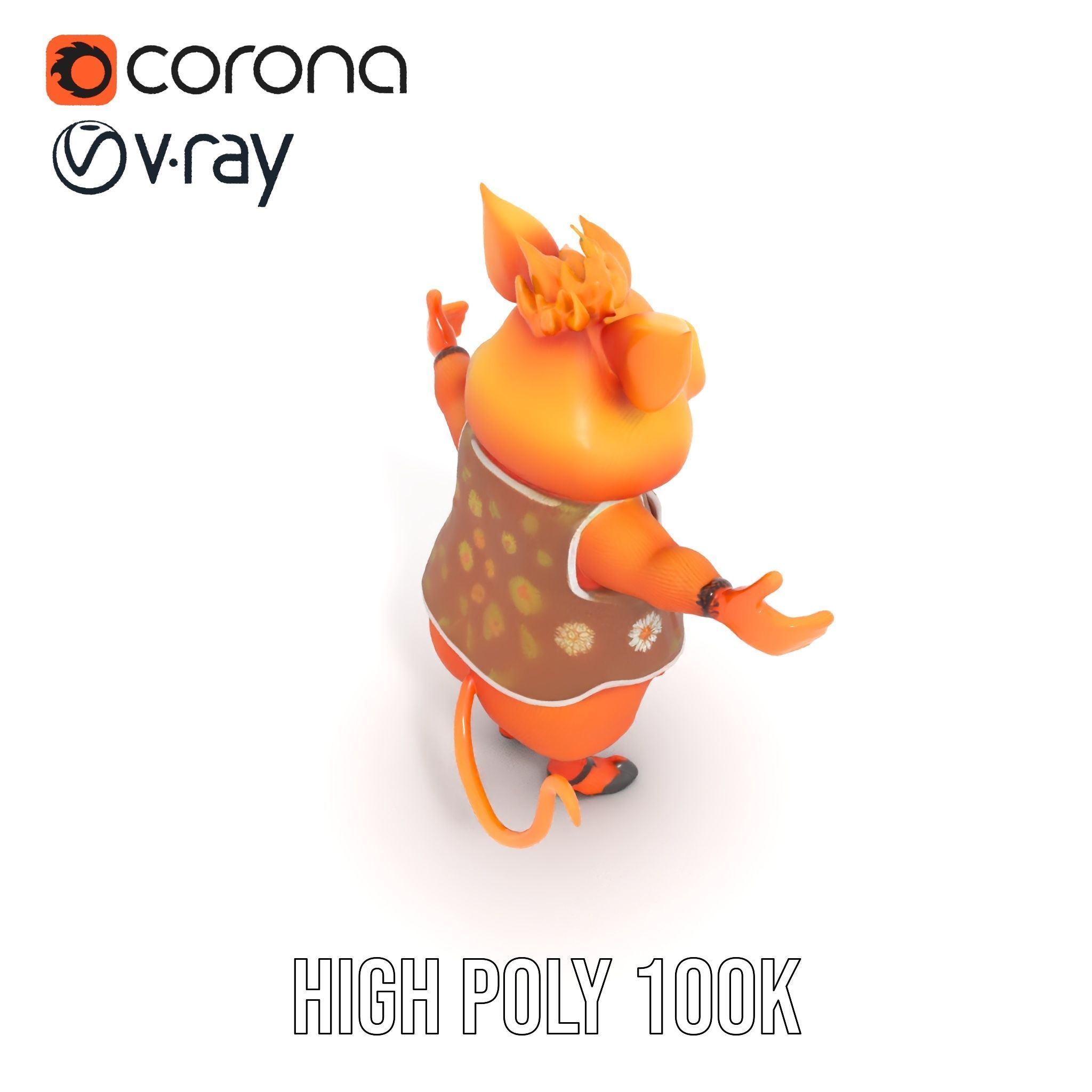 Cheerful Pig Character Rigged and Animated in Floral Vest Low-poly 3D model_13