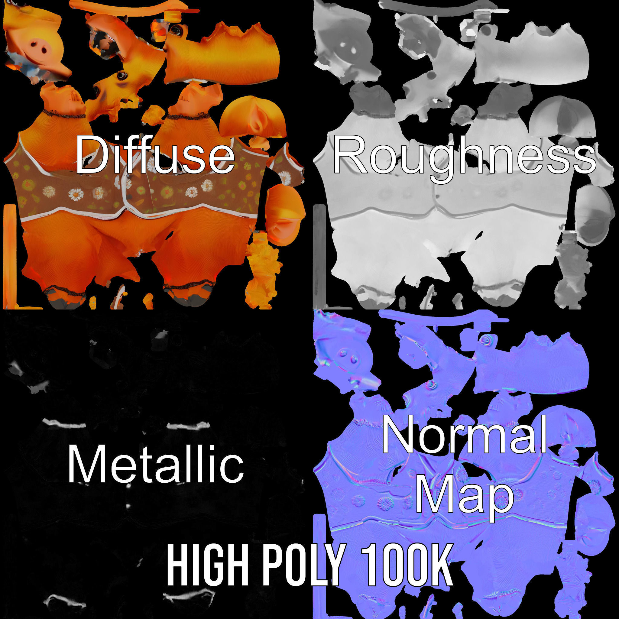 Cheerful Pig Character Rigged and Animated in Floral Vest Low-poly 3D model_4