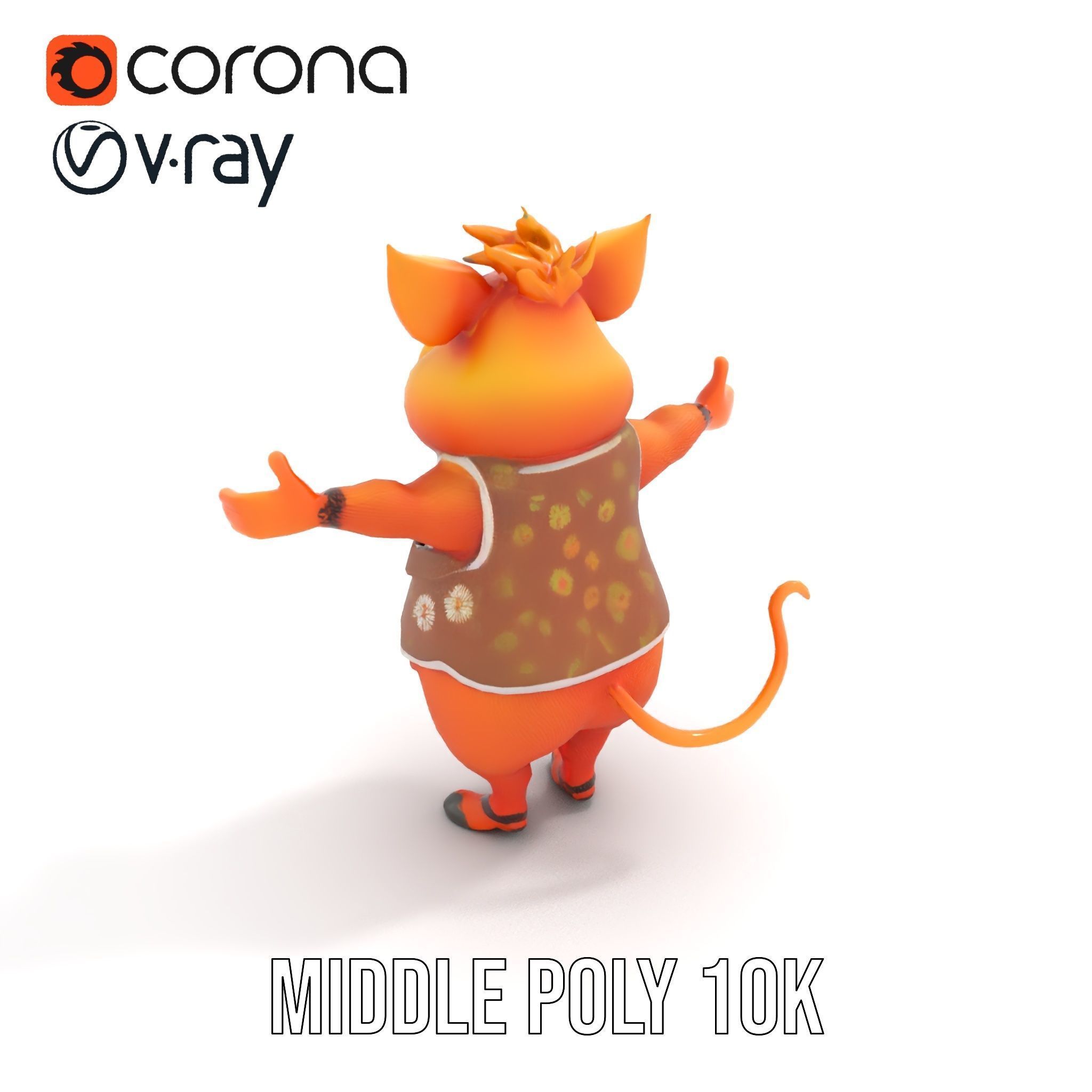 Cheerful Pig Character Rigged and Animated in Floral Vest Low-poly 3D model_11