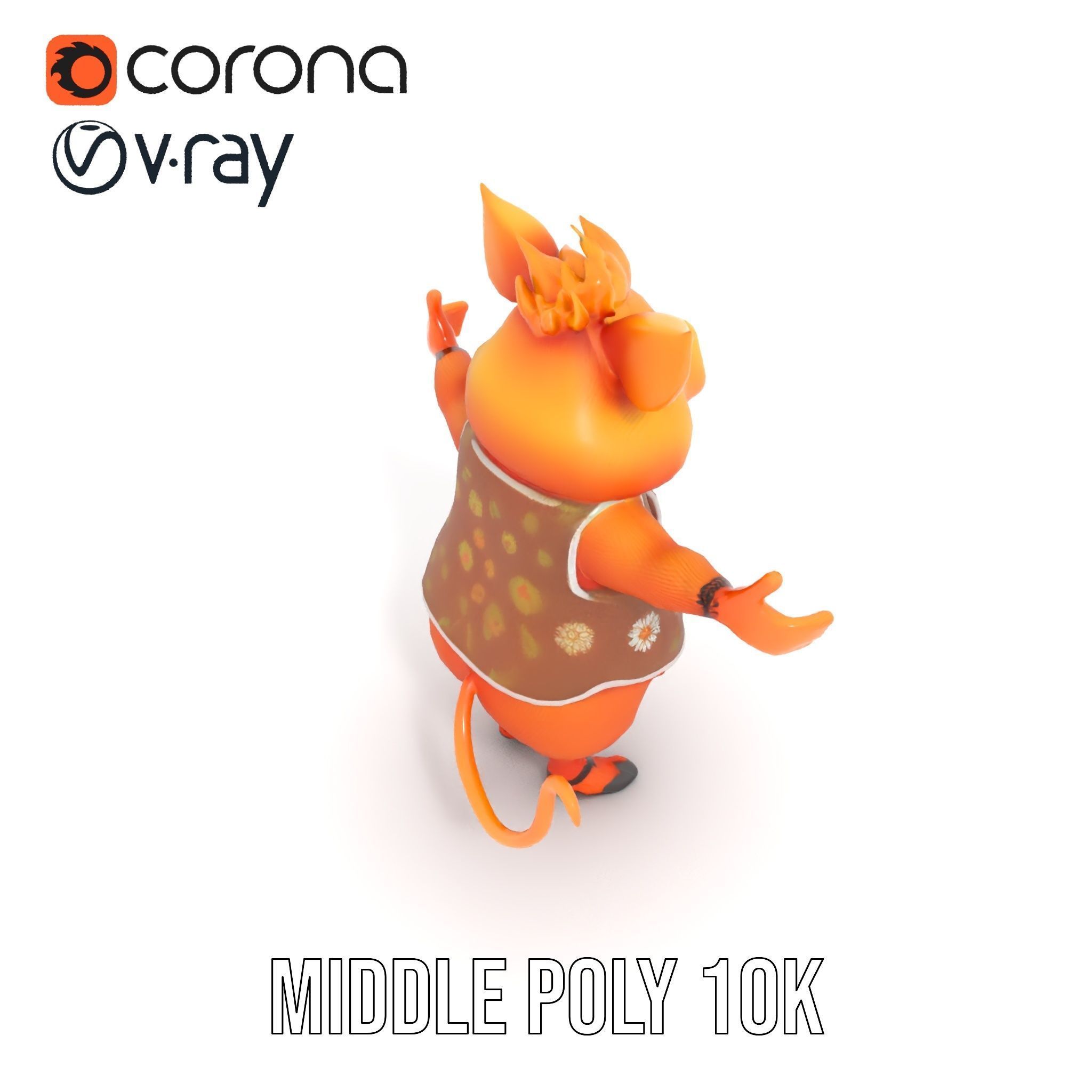 Cheerful Pig Character Rigged and Animated in Floral Vest Low-poly 3D model_25