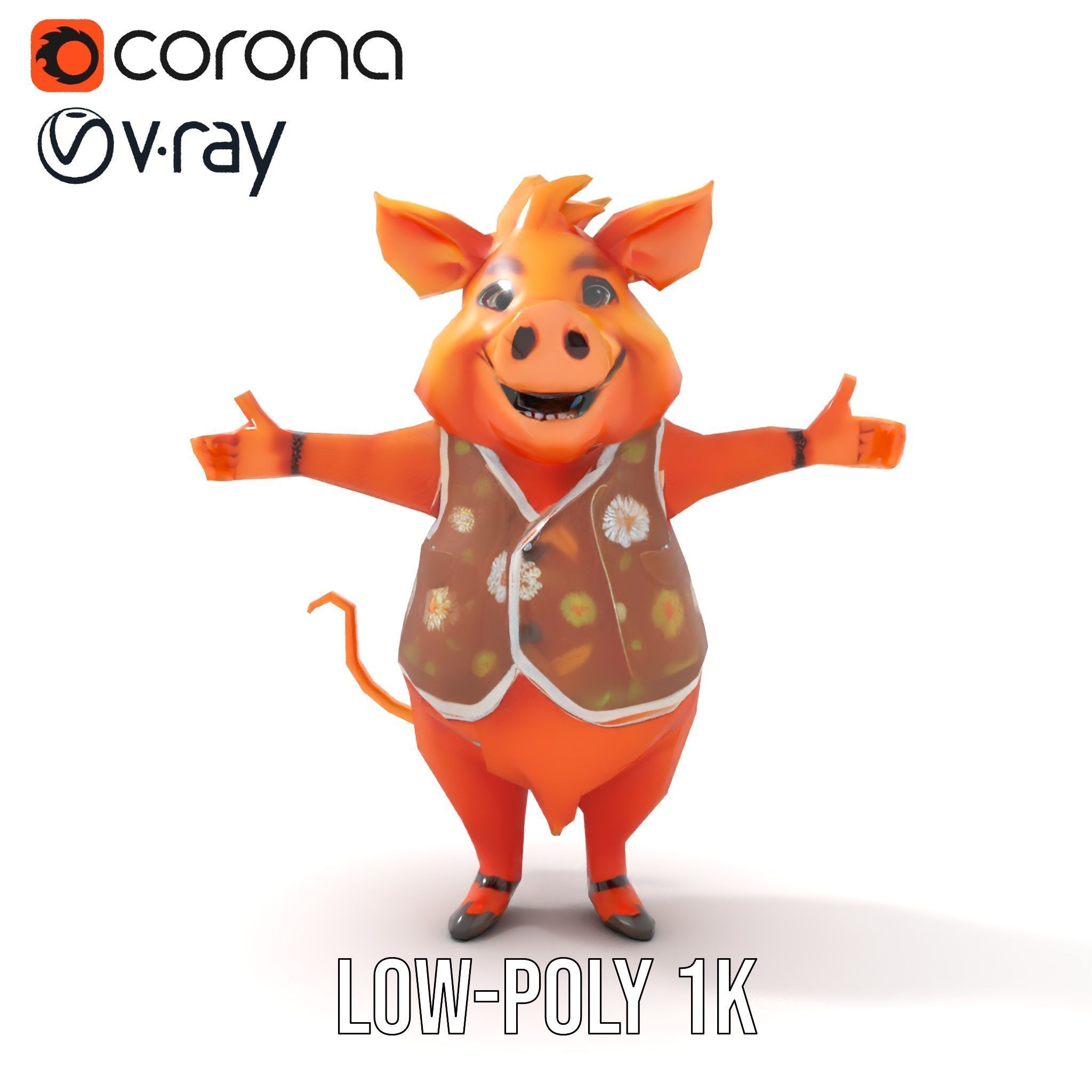 Cheerful Pig Character Rigged and Animated in Floral Vest Low-poly 3D model_8