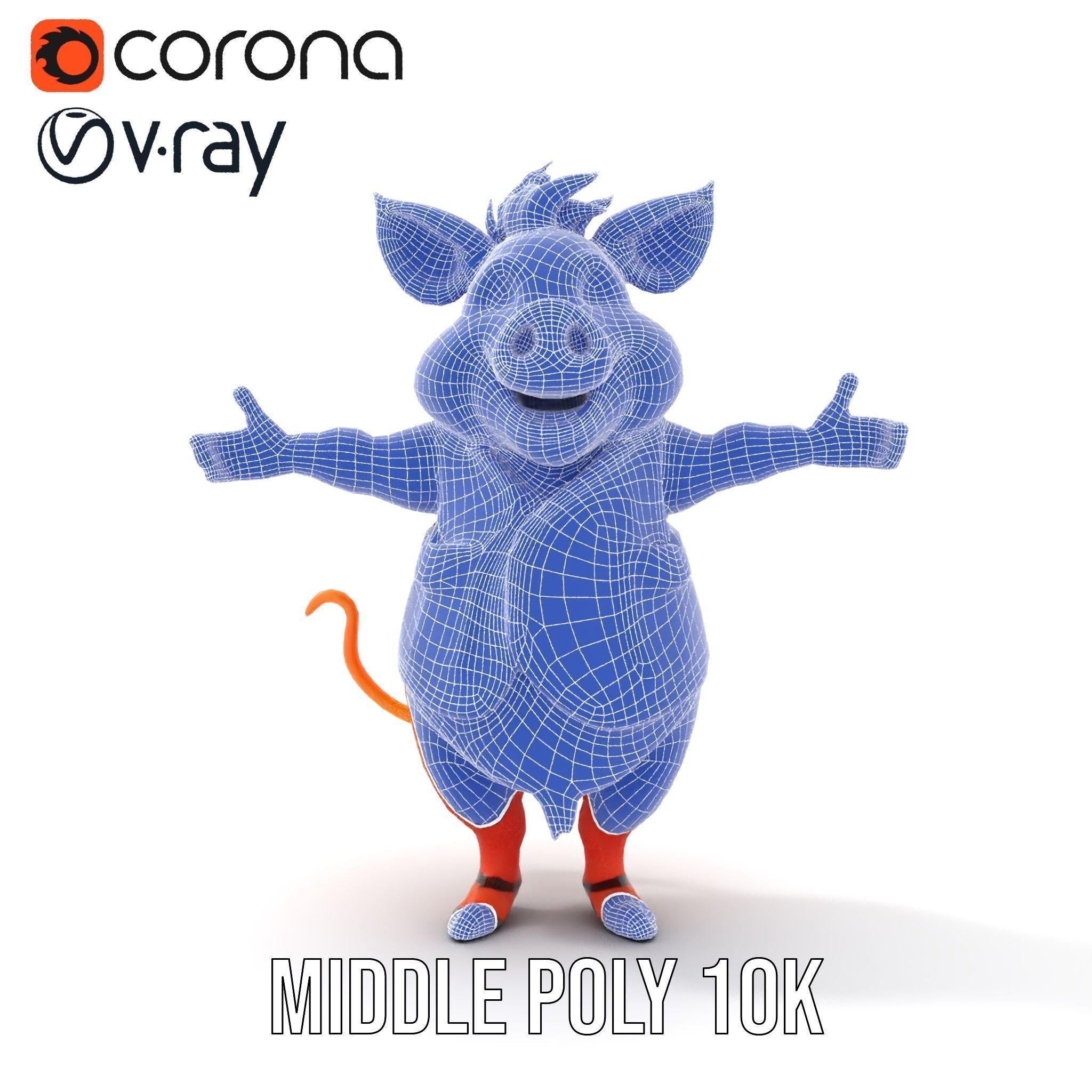 Cheerful Pig Character Rigged and Animated in Floral Vest Low-poly 3D model_35