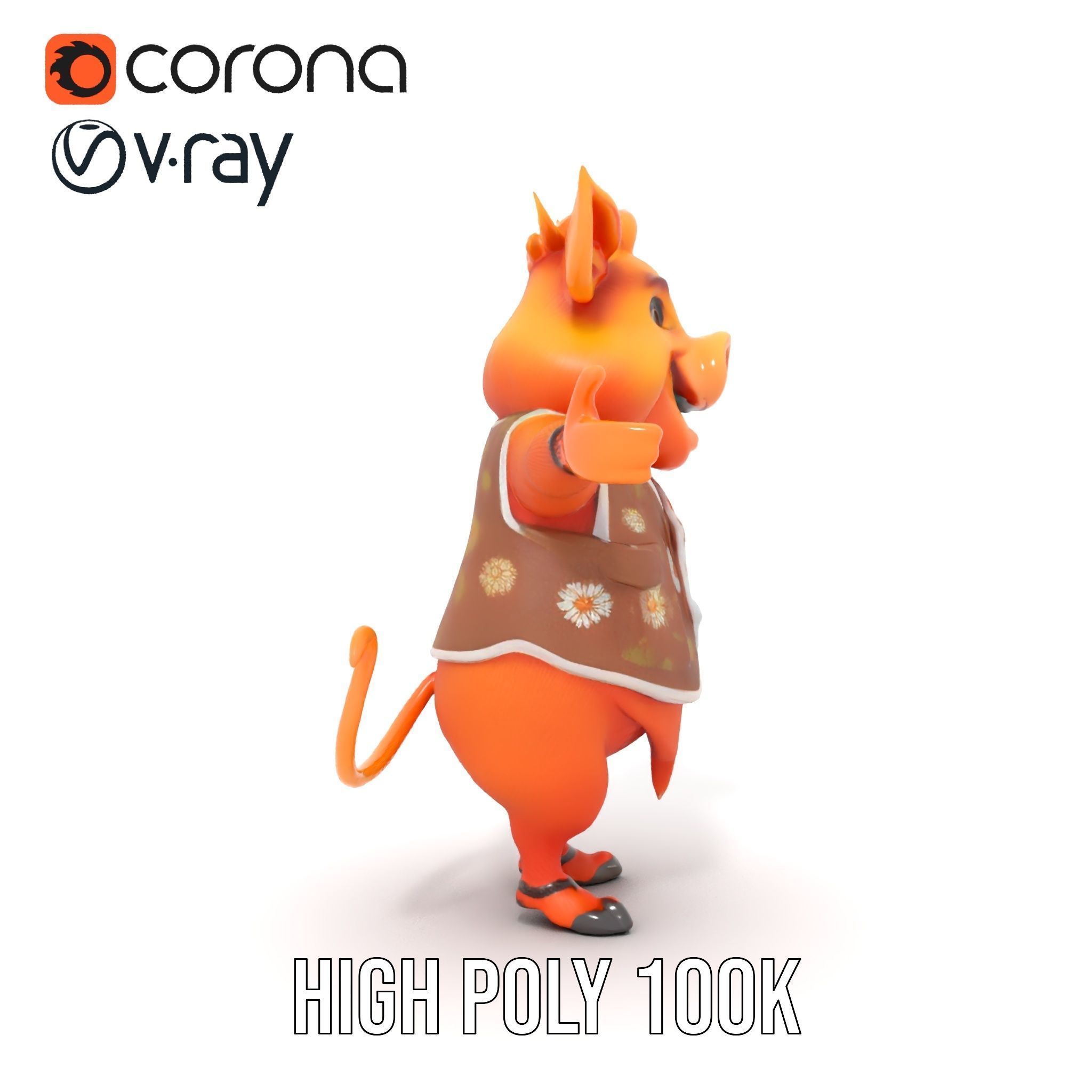 Cheerful Pig Character Rigged and Animated in Floral Vest Low-poly 3D model_21