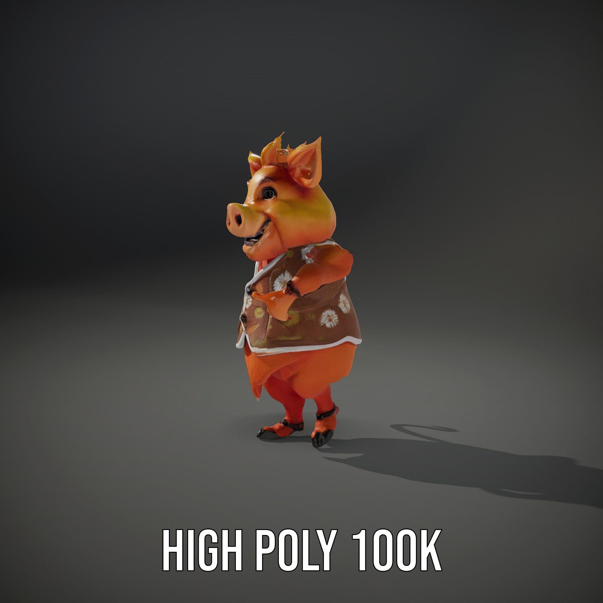 Cheerful Pig Character Rigged and Animated in Floral Vest Low-poly 3D model_27
