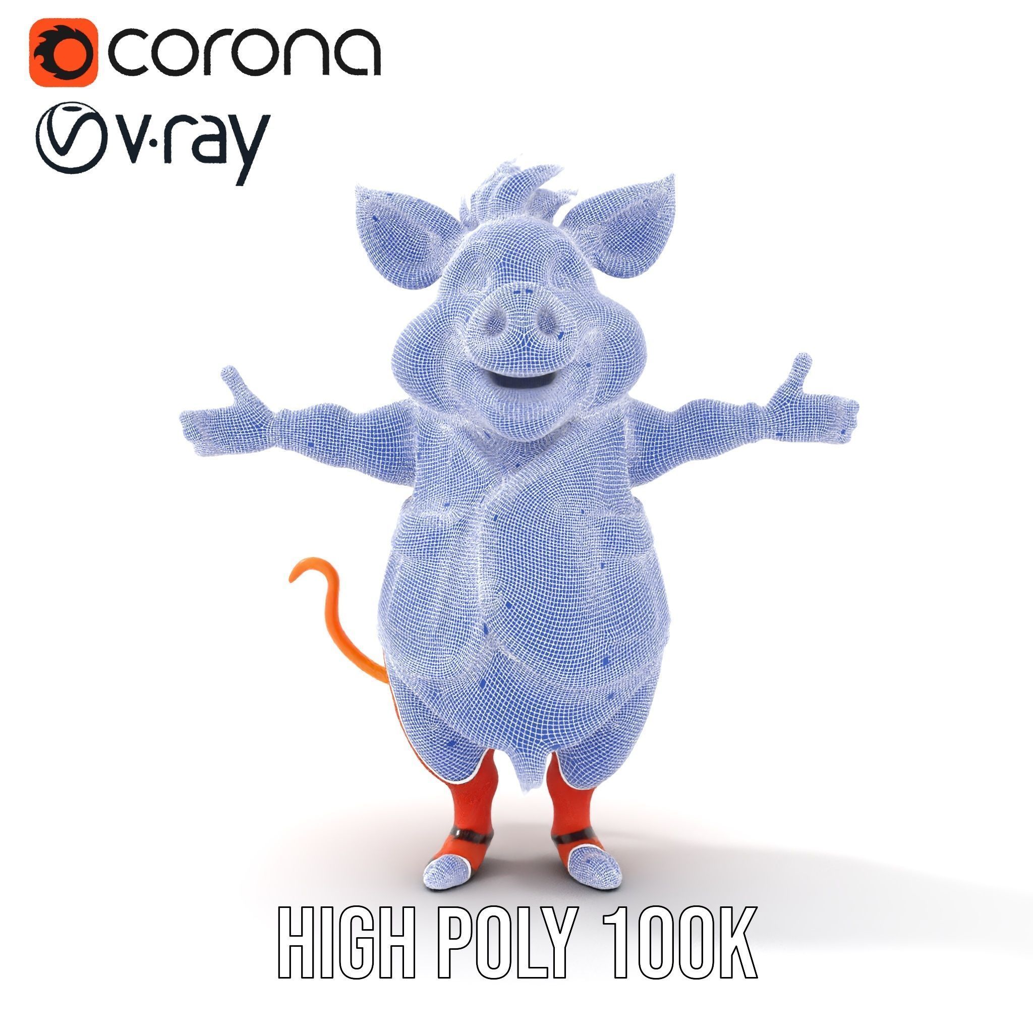 Cheerful Pig Character Rigged and Animated in Floral Vest Low-poly 3D model_37