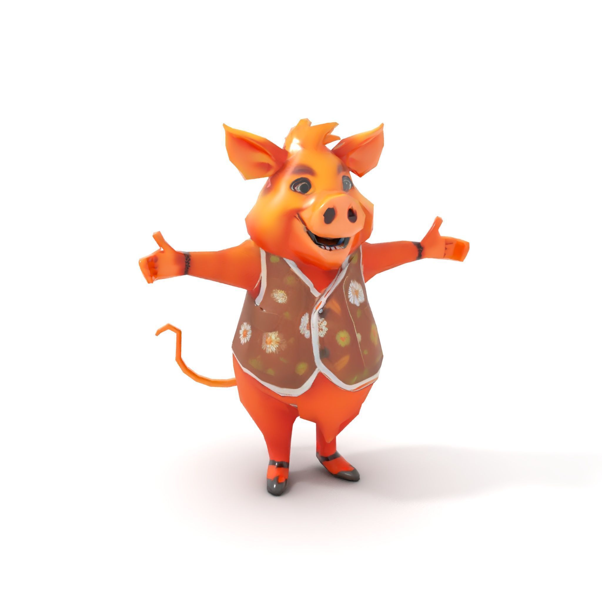 Cheerful Pig Character Rigged and Animated in Floral Vest Low-poly 3D model_20