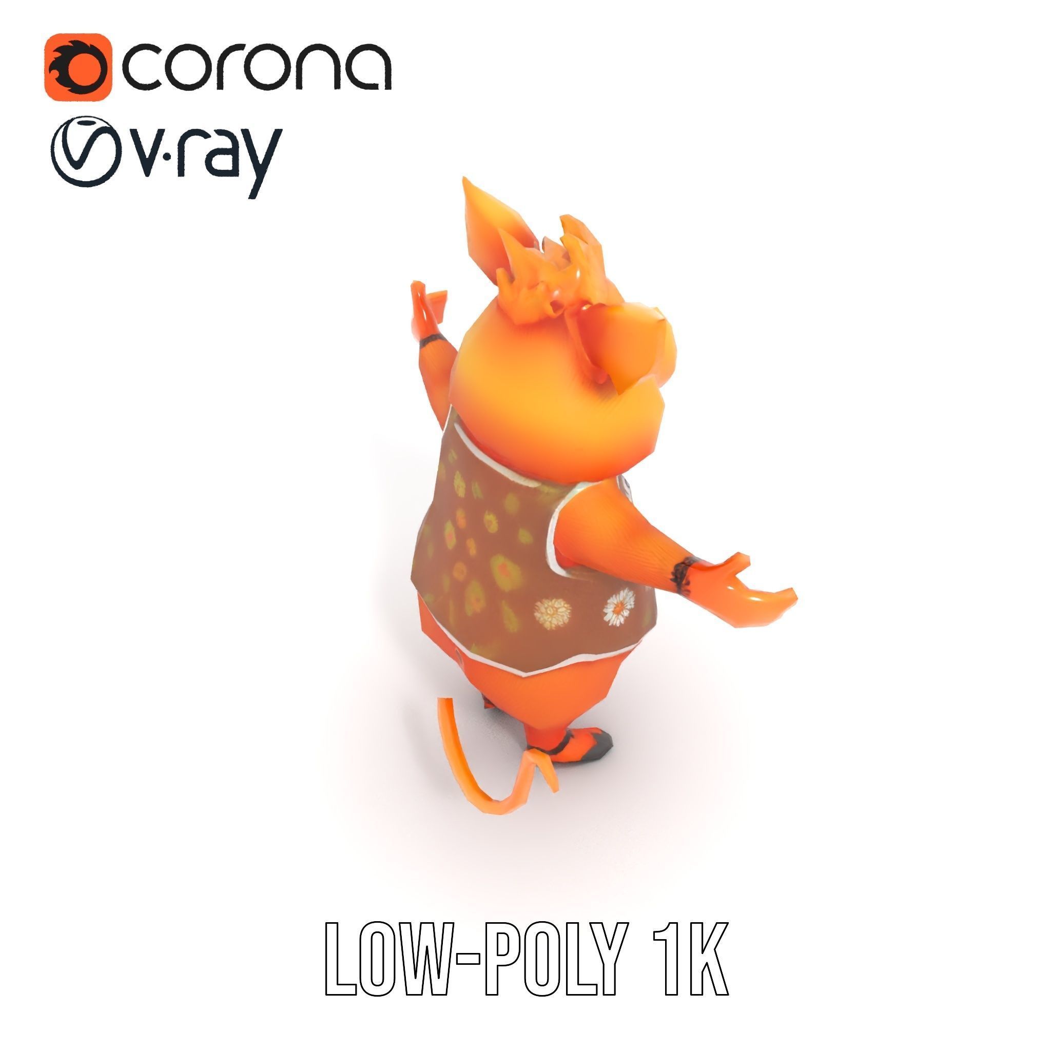 Cheerful Pig Character Rigged and Animated in Floral Vest Low-poly 3D model_23