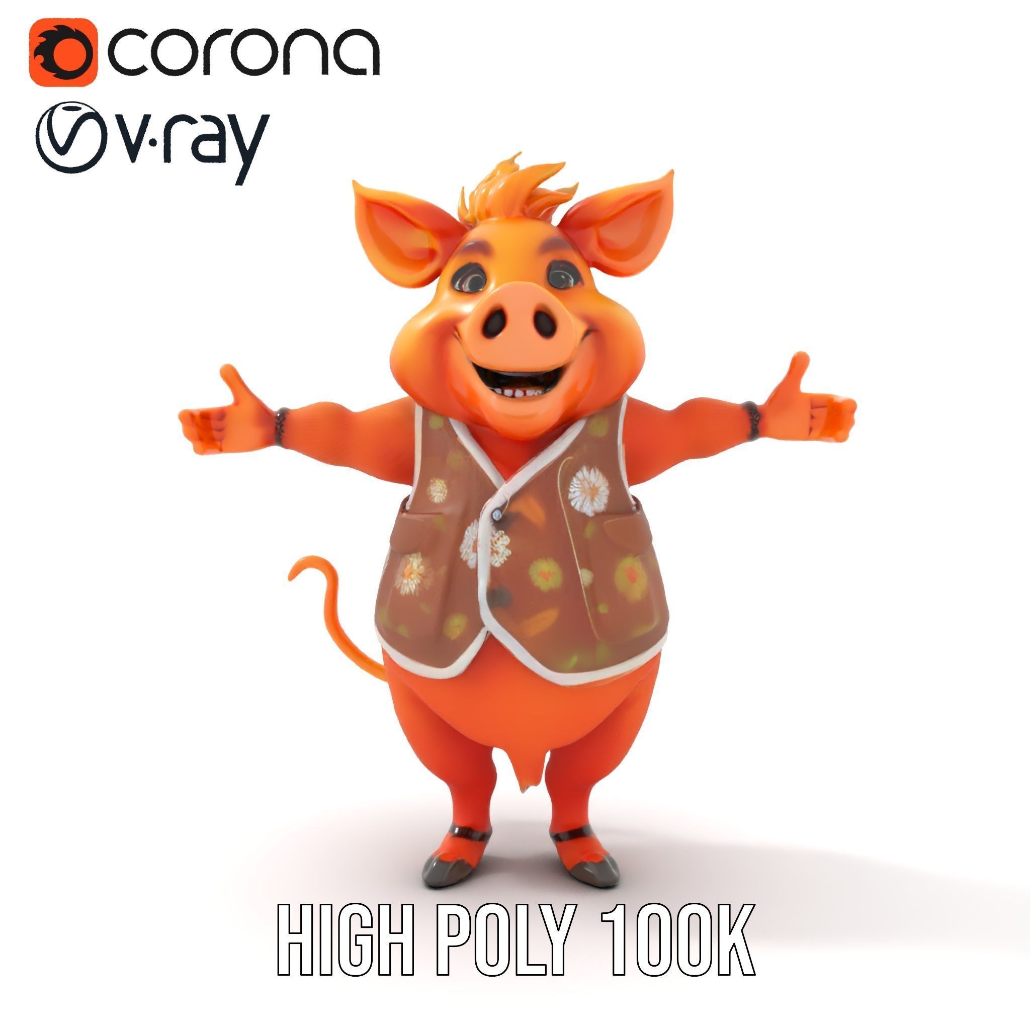 Cheerful Pig Character Rigged and Animated in Floral Vest Low-poly 3D model_18