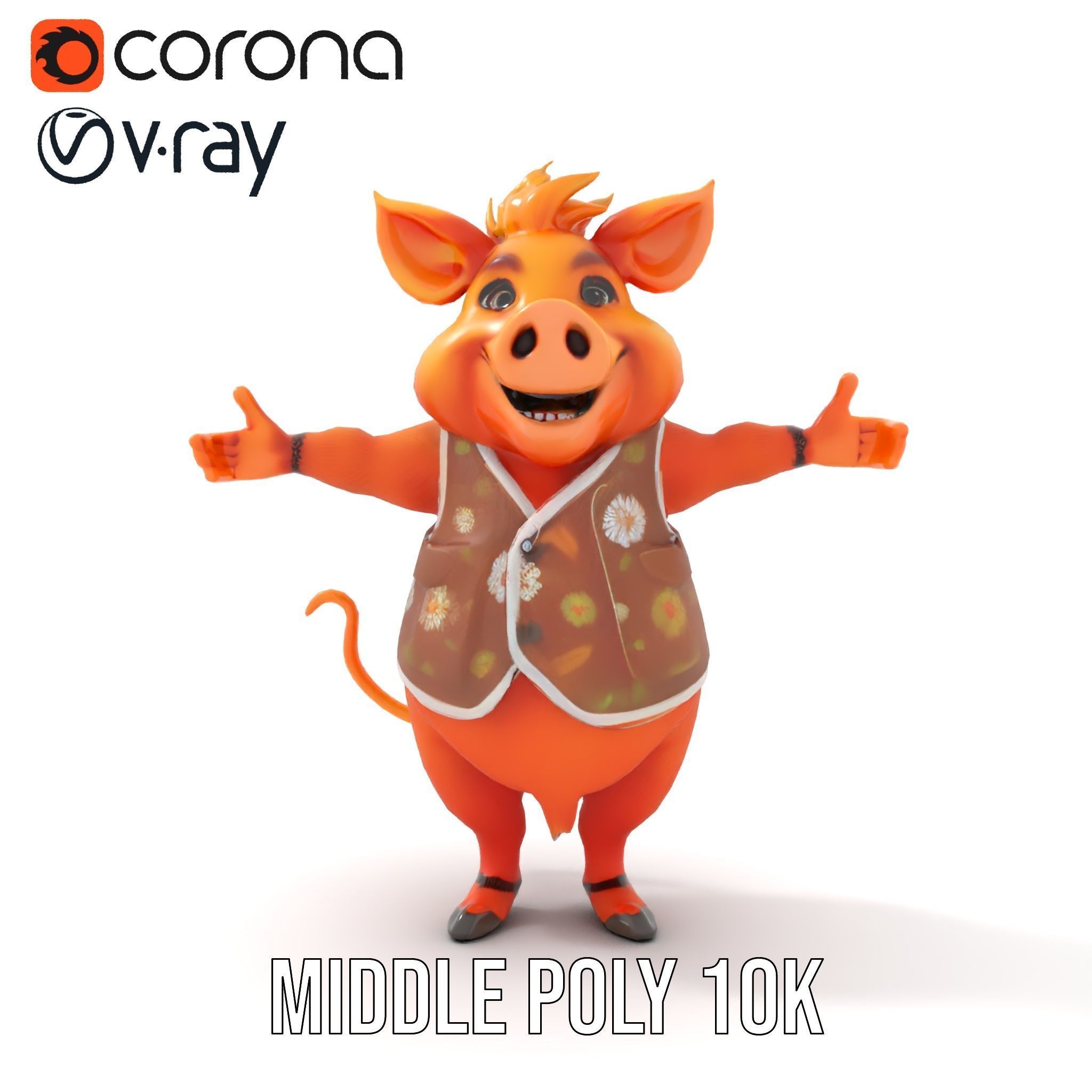 Cheerful Pig Character Rigged and Animated in Floral Vest Low-poly 3D model_19