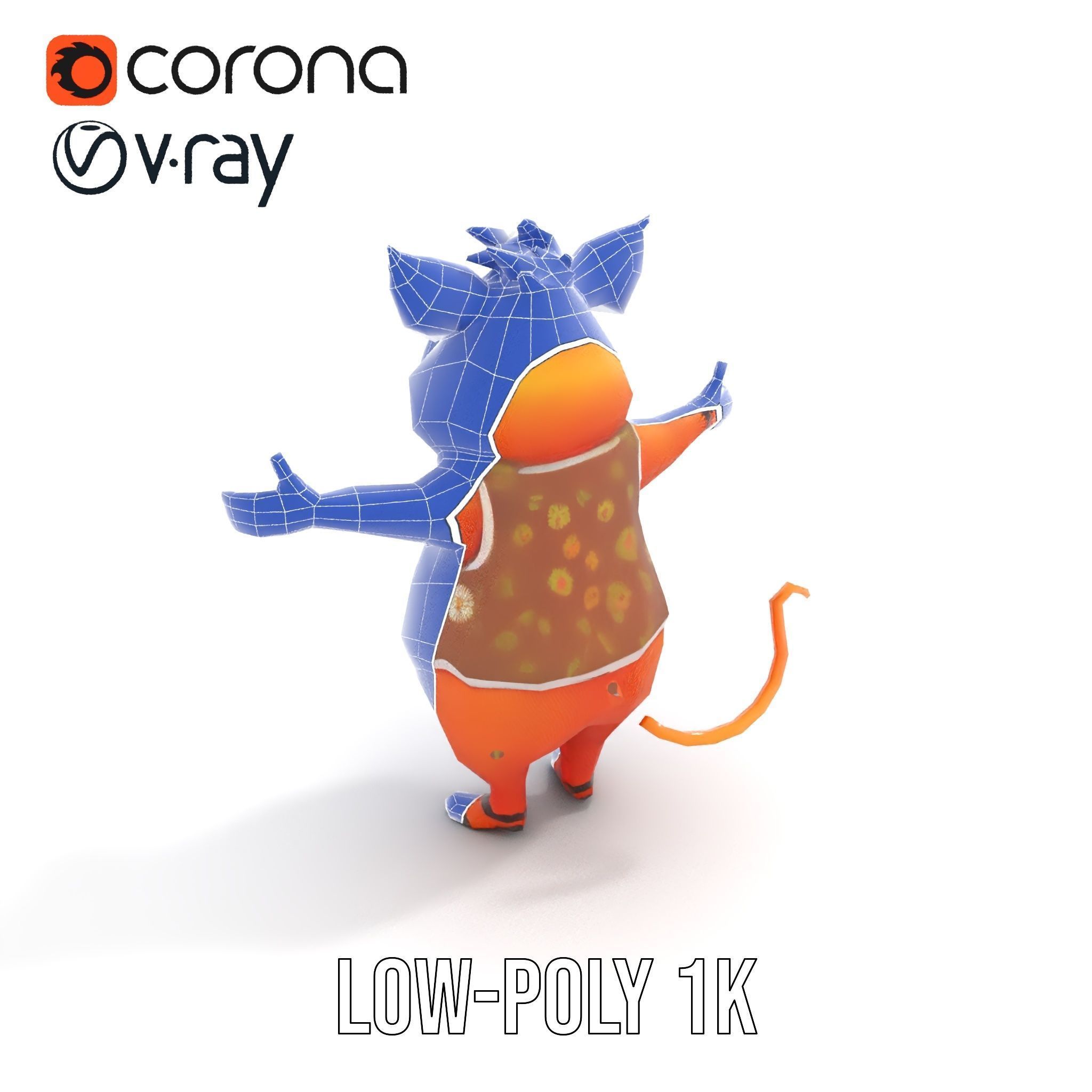 Cheerful Pig Character Rigged and Animated in Floral Vest Low-poly 3D model_26