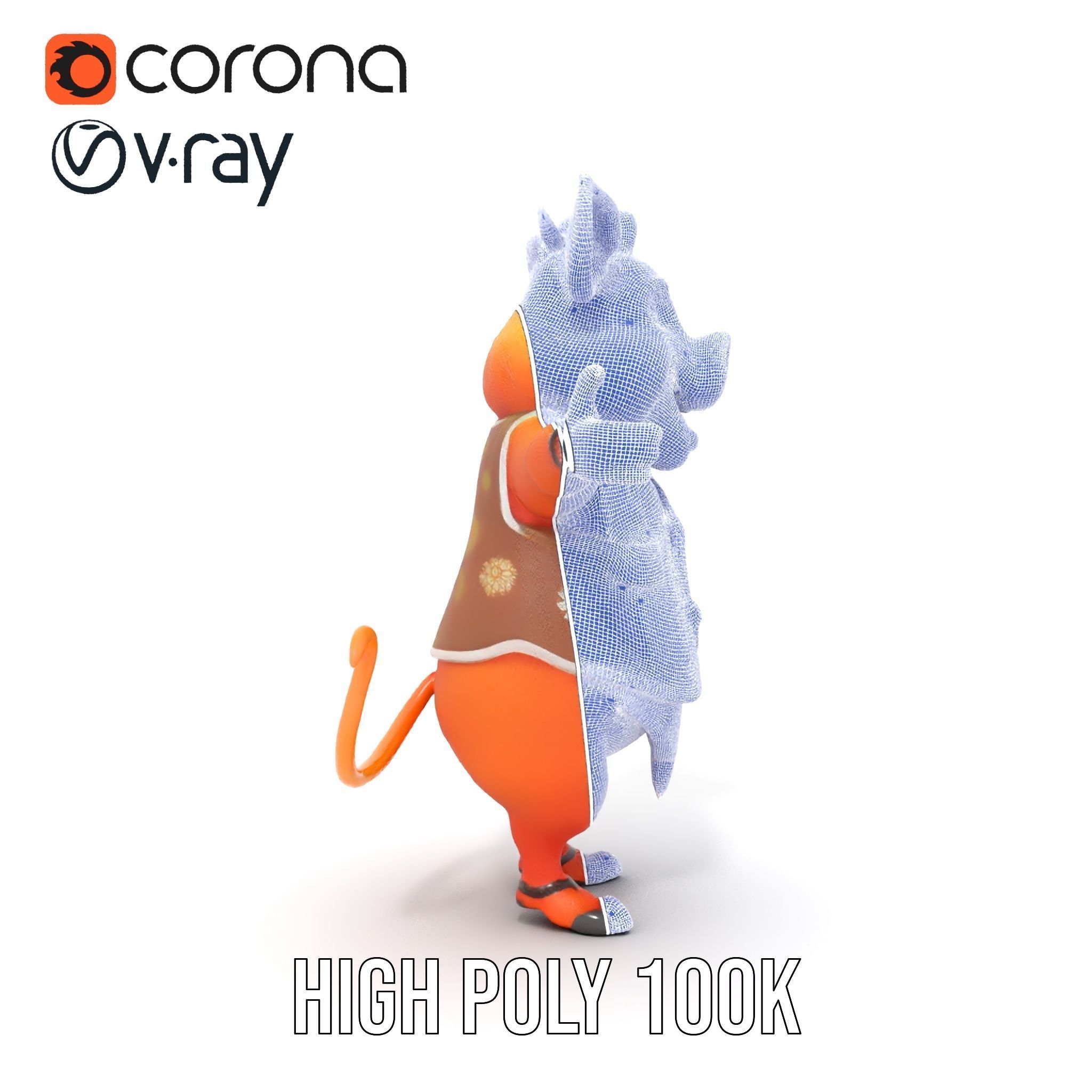 Cheerful Pig Character Rigged and Animated in Floral Vest Low-poly 3D model_34