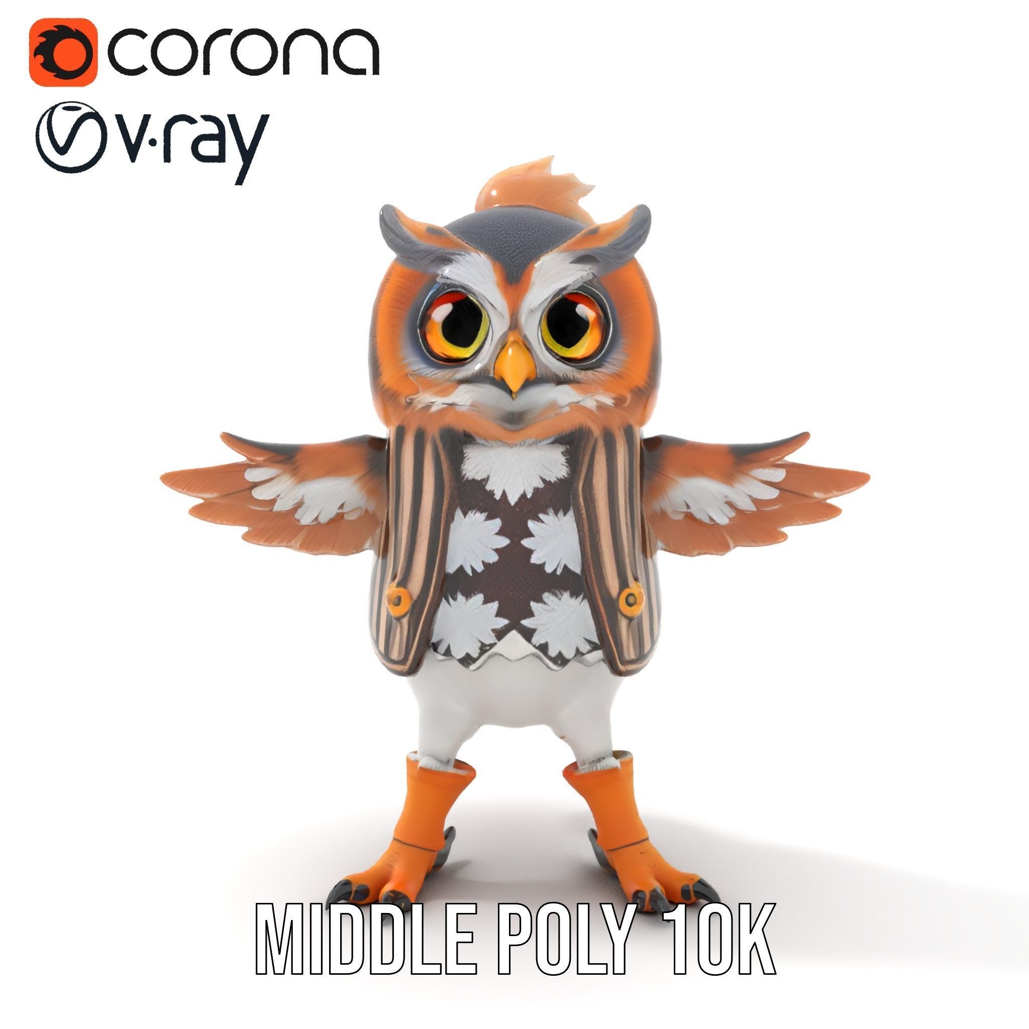 Animated Rigged Owl Character Model with Vest and Boots Low-poly 3D model_22