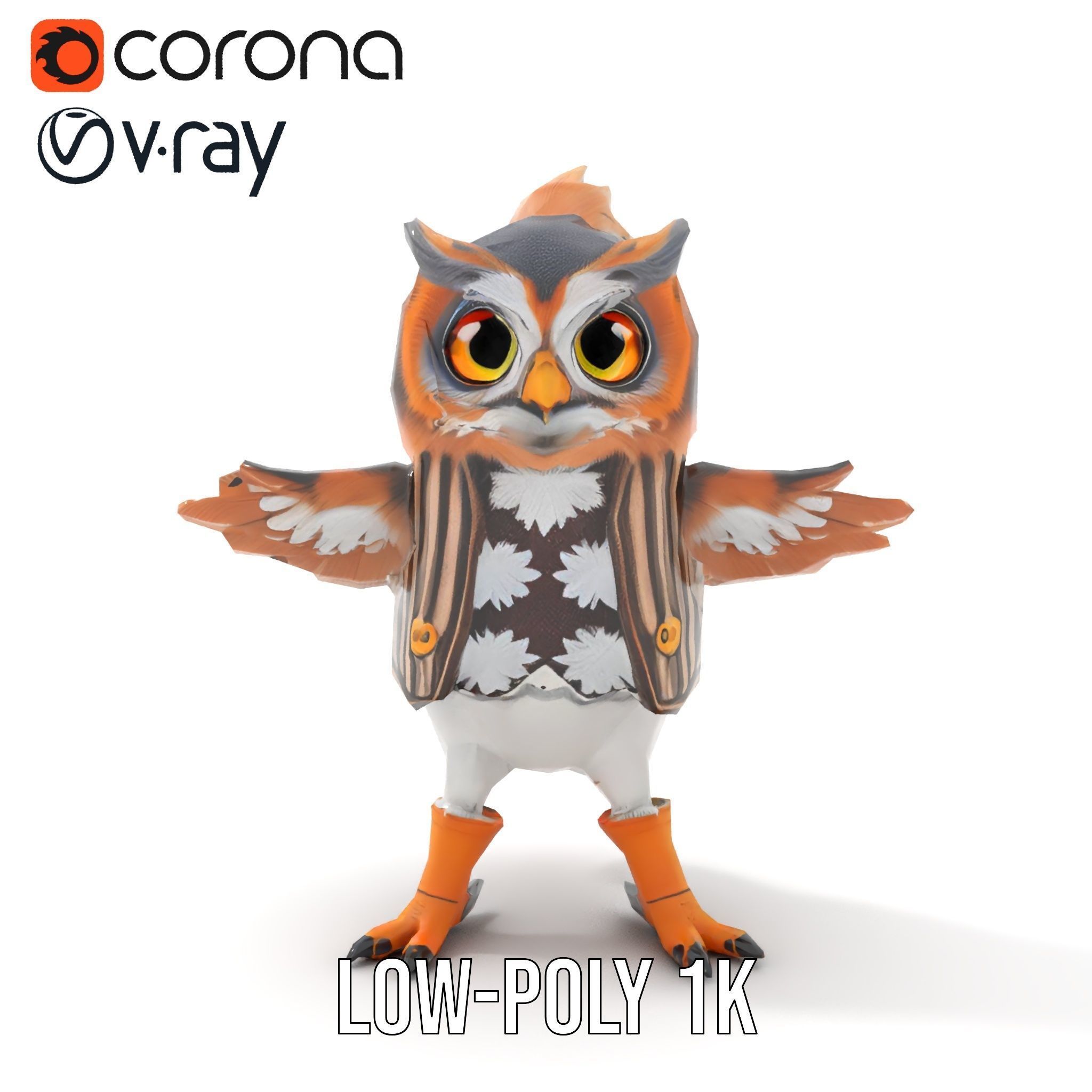Animated Rigged Owl Character Model with Vest and Boots Low-poly 3D model_8