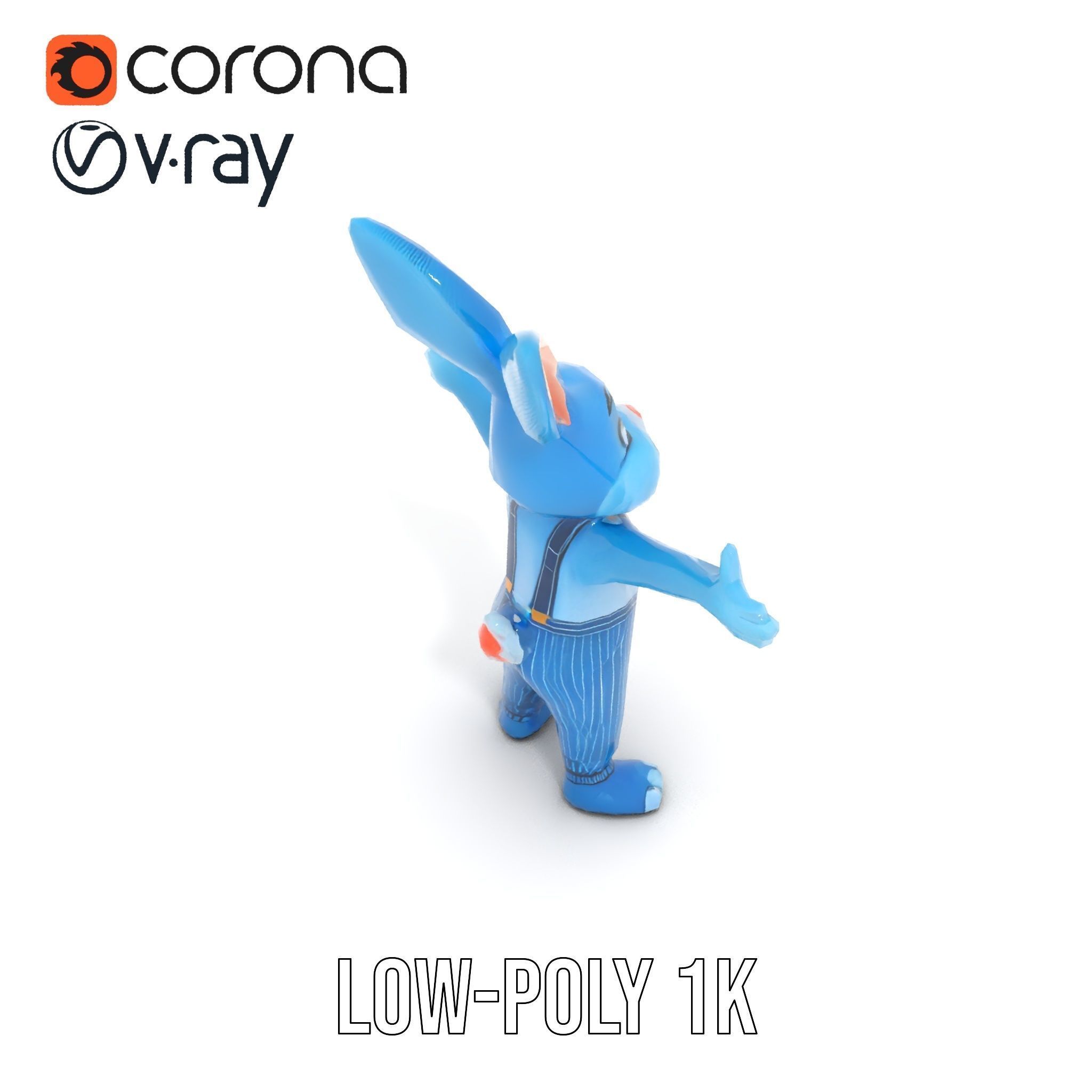 Blue Bunny Character Rigged and Animated with Suspenders Low-poly 3D model_17