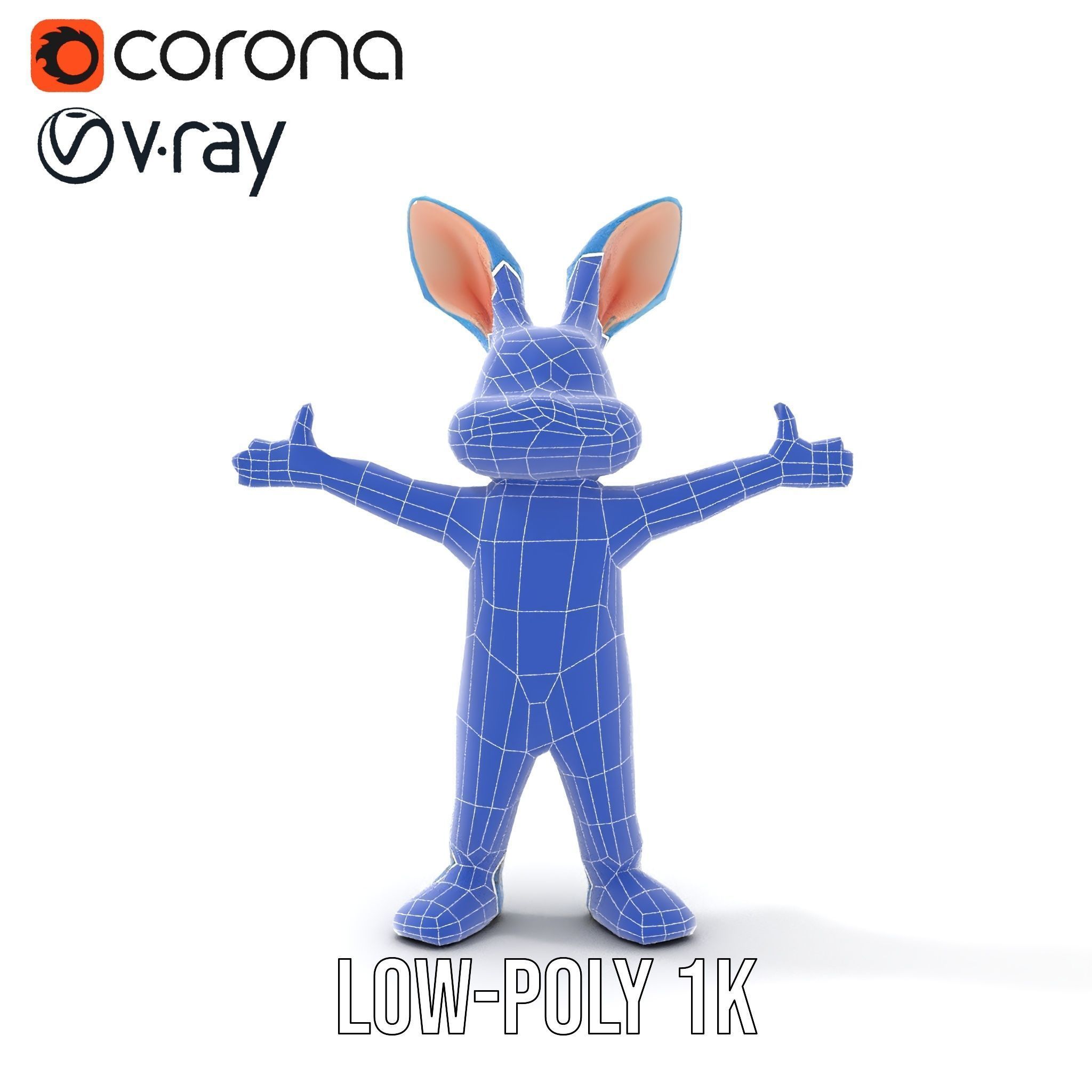 Blue Bunny Character Rigged and Animated with Suspenders Low-poly 3D model_32