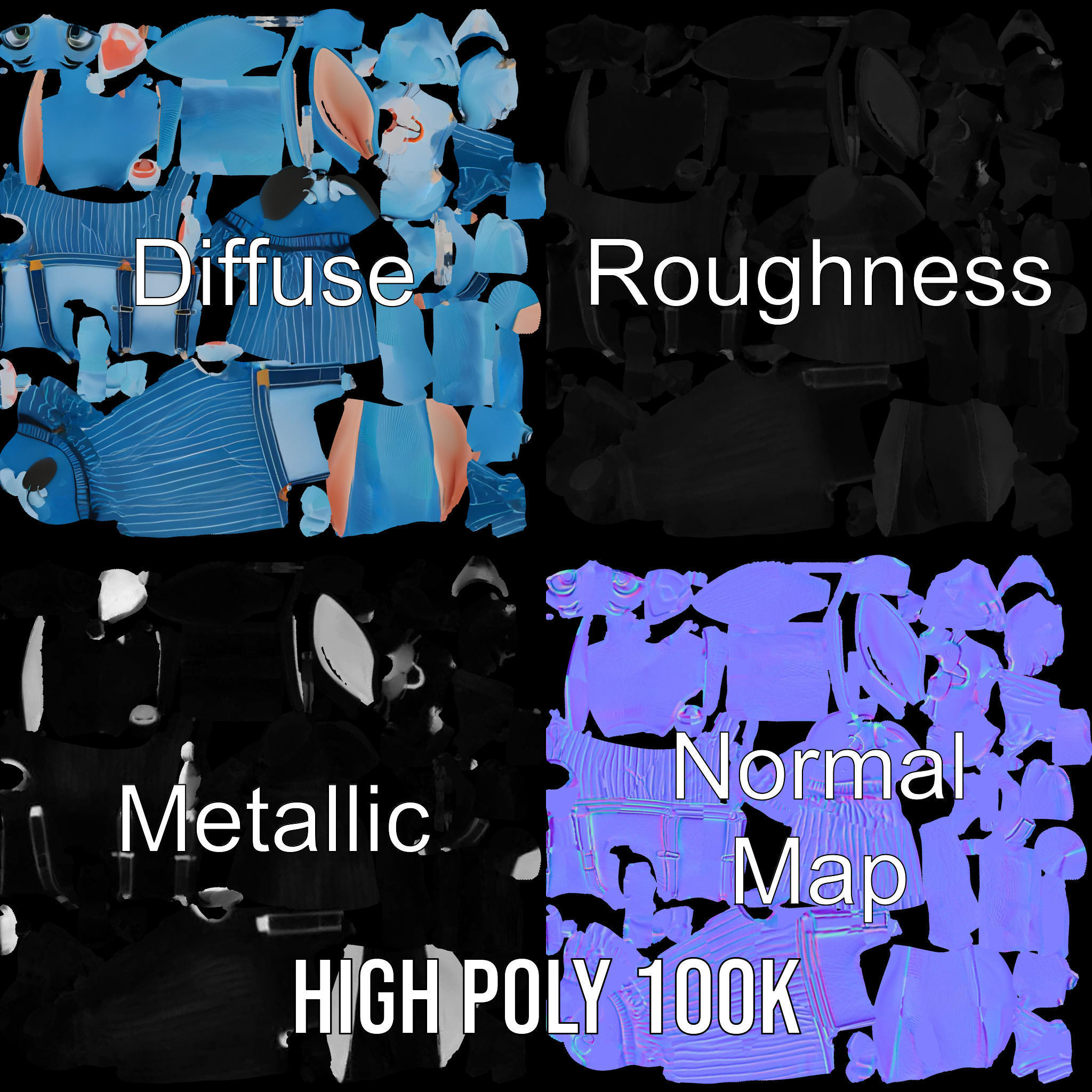 Blue Bunny Character Rigged and Animated with Suspenders Low-poly 3D model_4