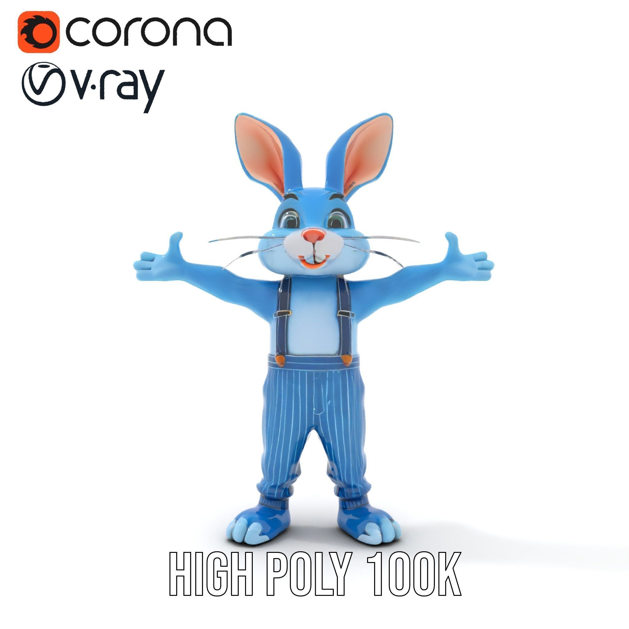 Blue Bunny Character Rigged and Animated with Suspenders Low-poly 3D model_21