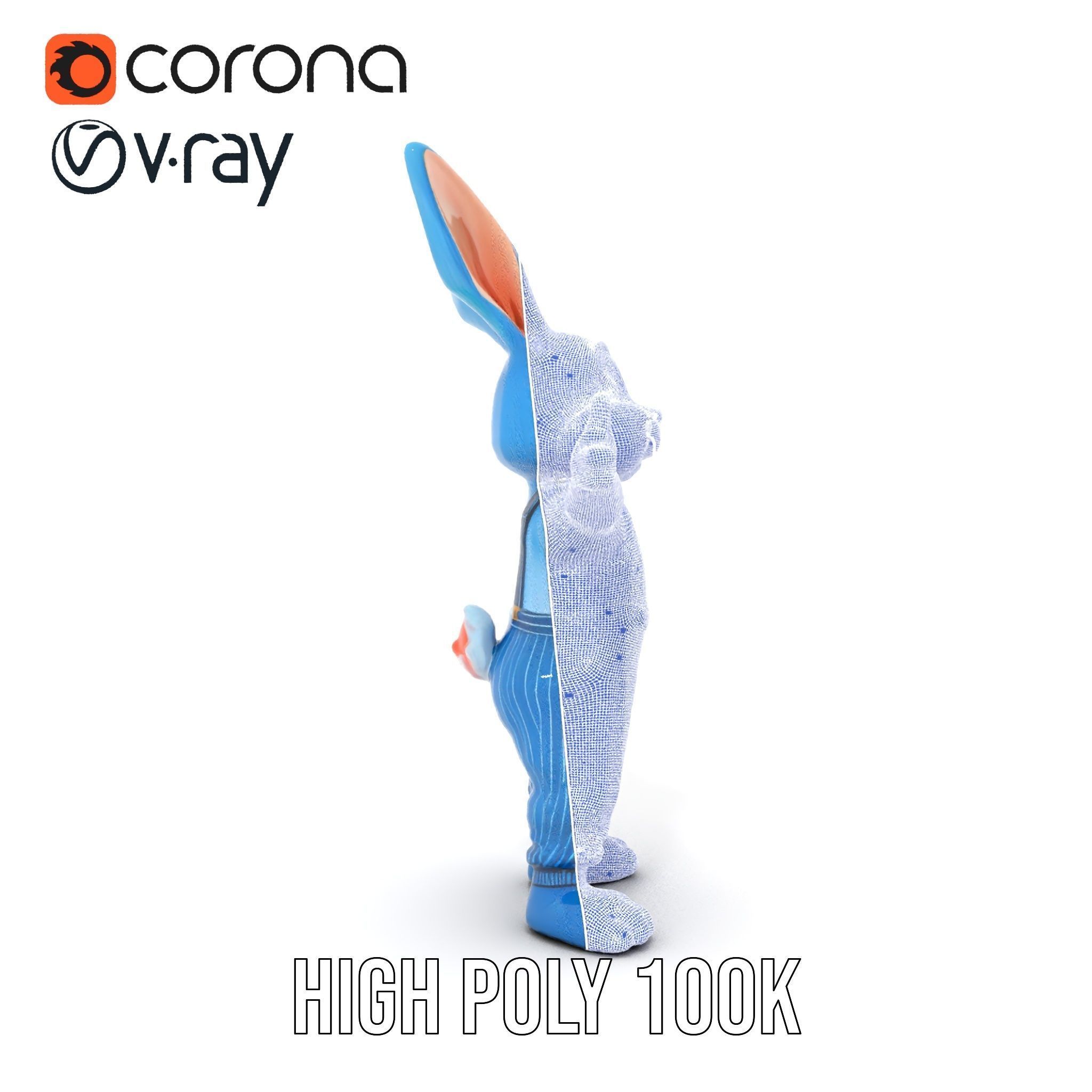 Blue Bunny Character Rigged and Animated with Suspenders Low-poly 3D model_37