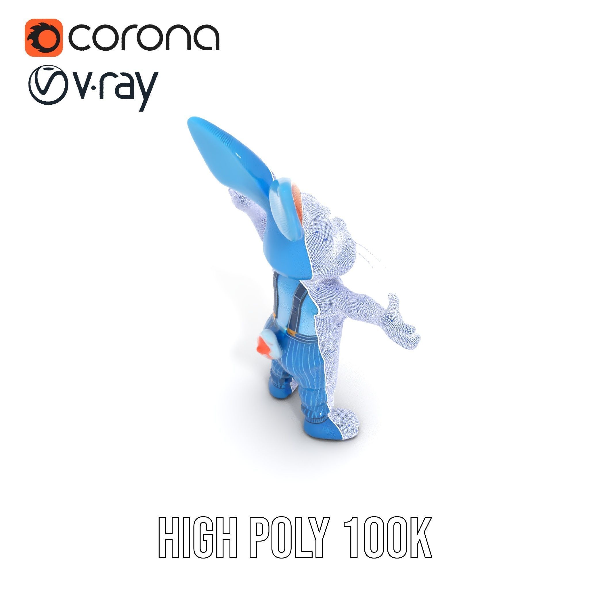 Blue Bunny Character Rigged and Animated with Suspenders Low-poly 3D model_34