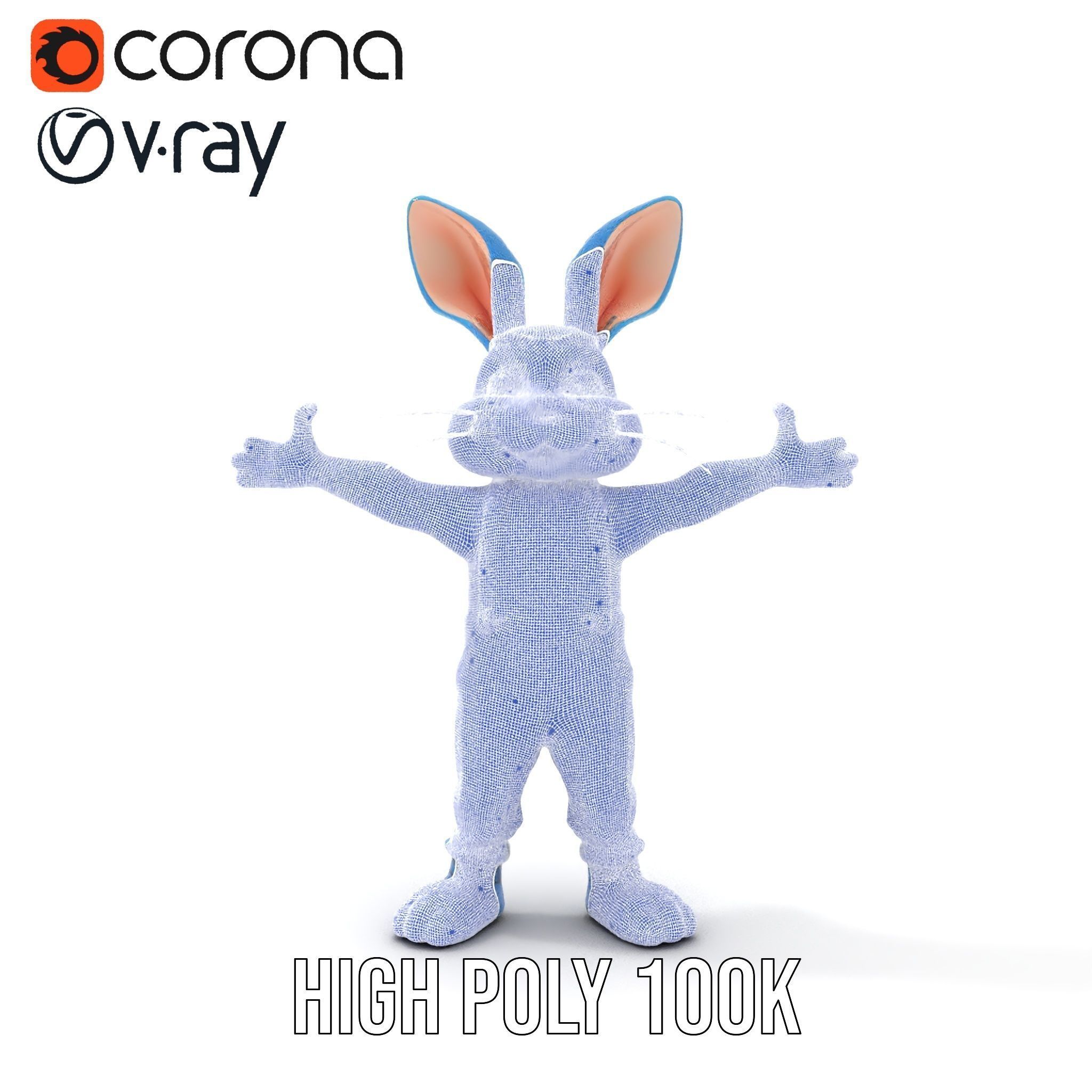 Blue Bunny Character Rigged and Animated with Suspenders Low-poly 3D model_30