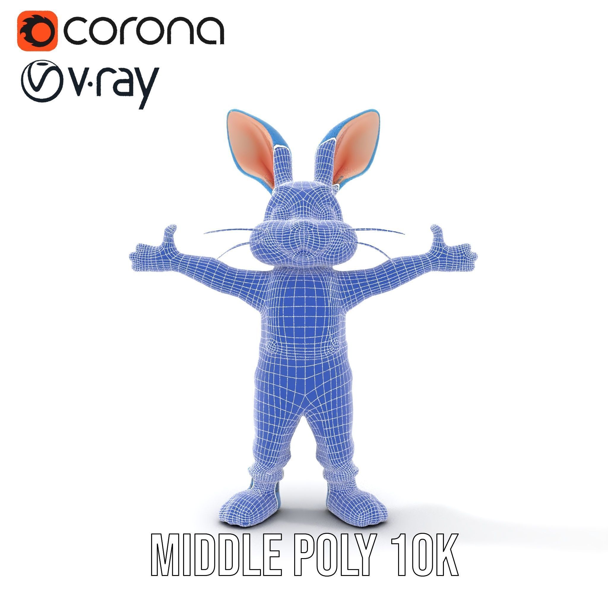 Blue Bunny Character Rigged and Animated with Suspenders Low-poly 3D model_28