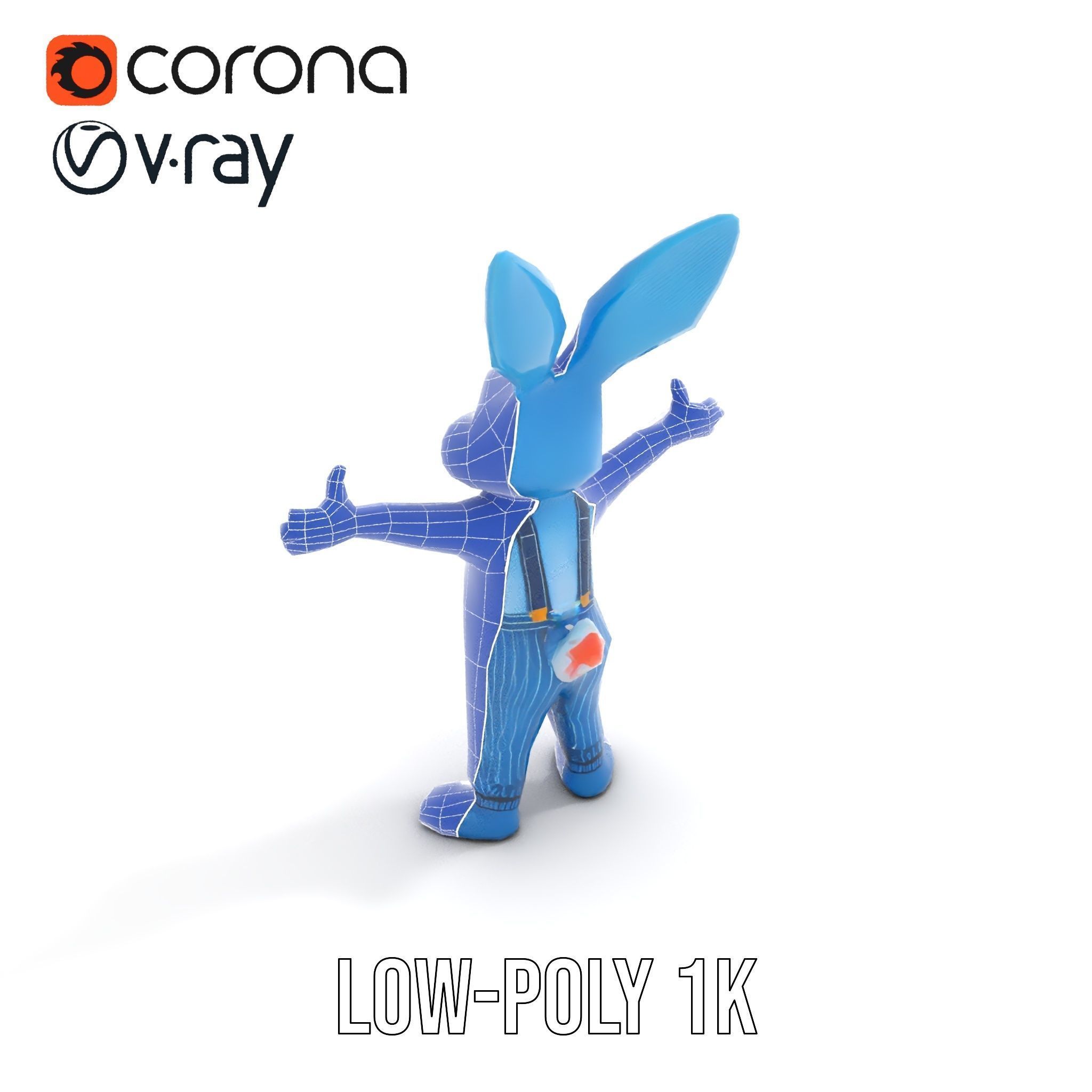 Blue Bunny Character Rigged and Animated with Suspenders Low-poly 3D model_9