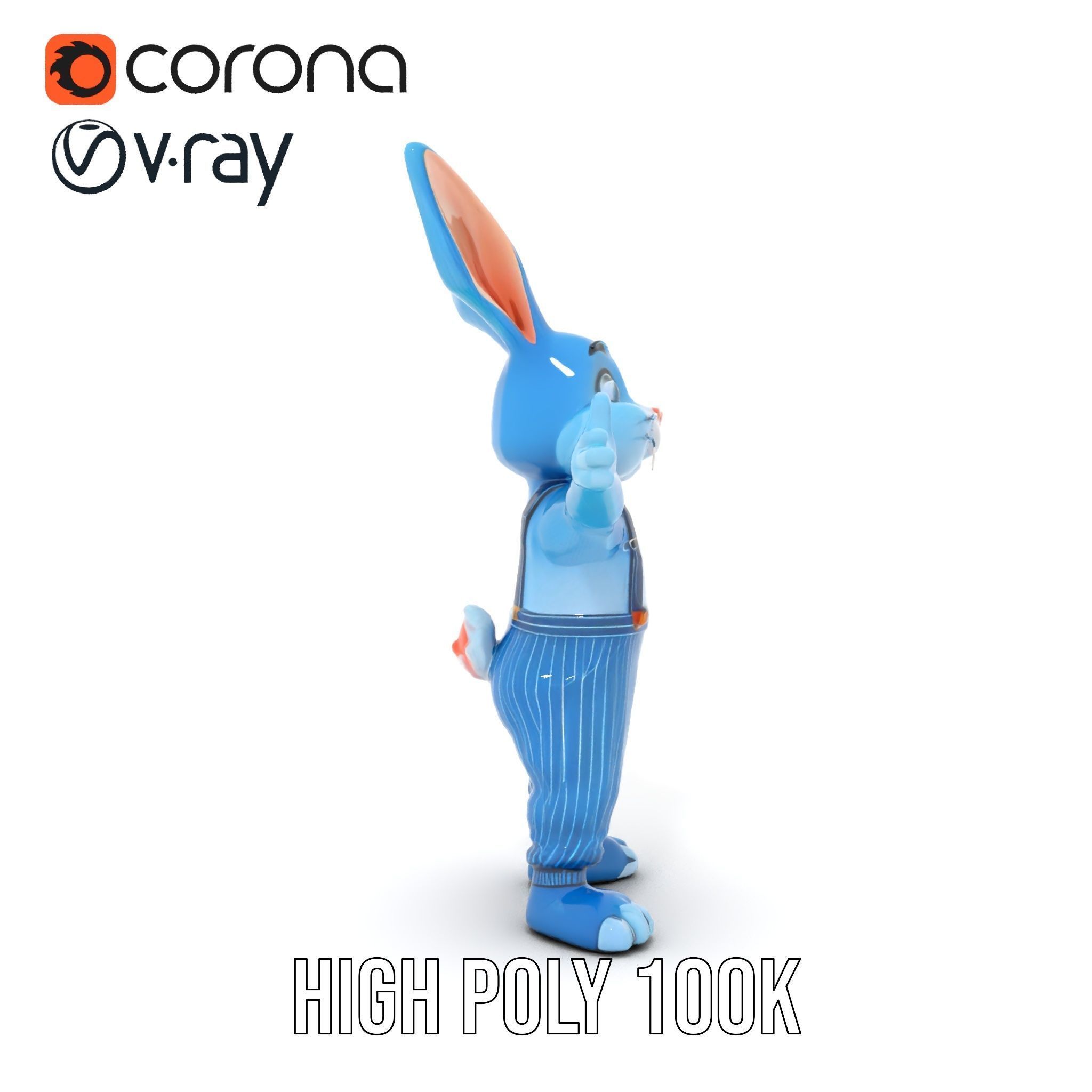 Blue Bunny Character Rigged and Animated with Suspenders Low-poly 3D model_36