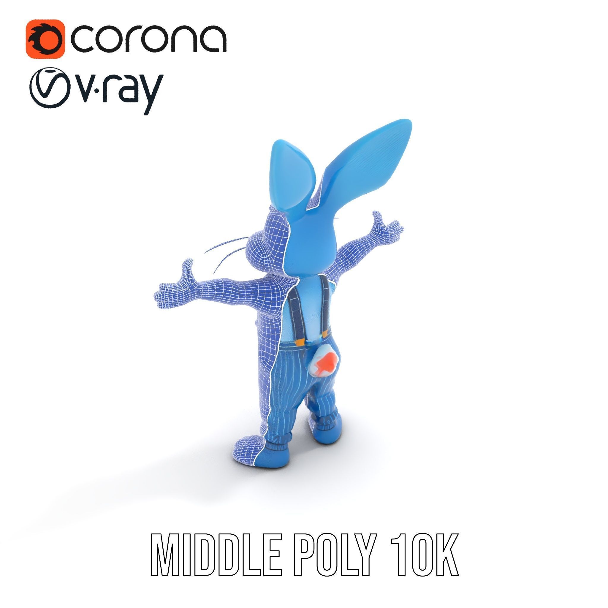 Blue Bunny Character Rigged and Animated with Suspenders Low-poly 3D model_35