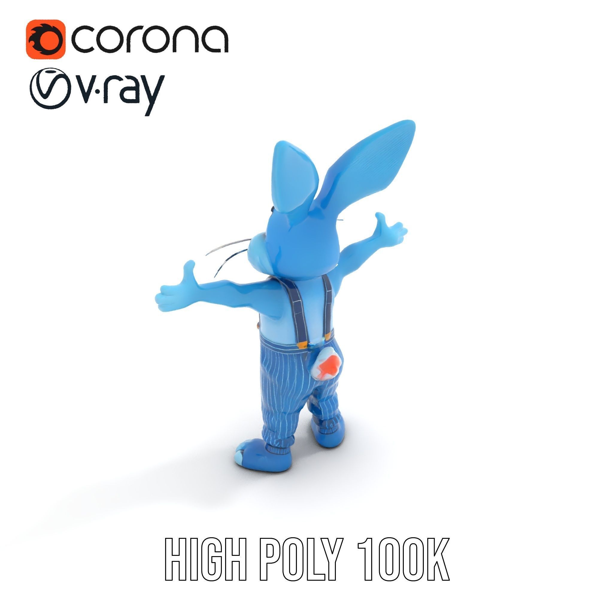 Blue Bunny Character Rigged and Animated with Suspenders Low-poly 3D model_15
