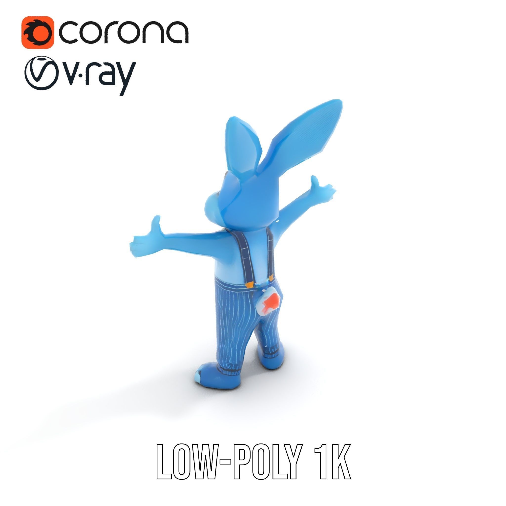 Blue Bunny Character Rigged and Animated with Suspenders Low-poly 3D model_23
