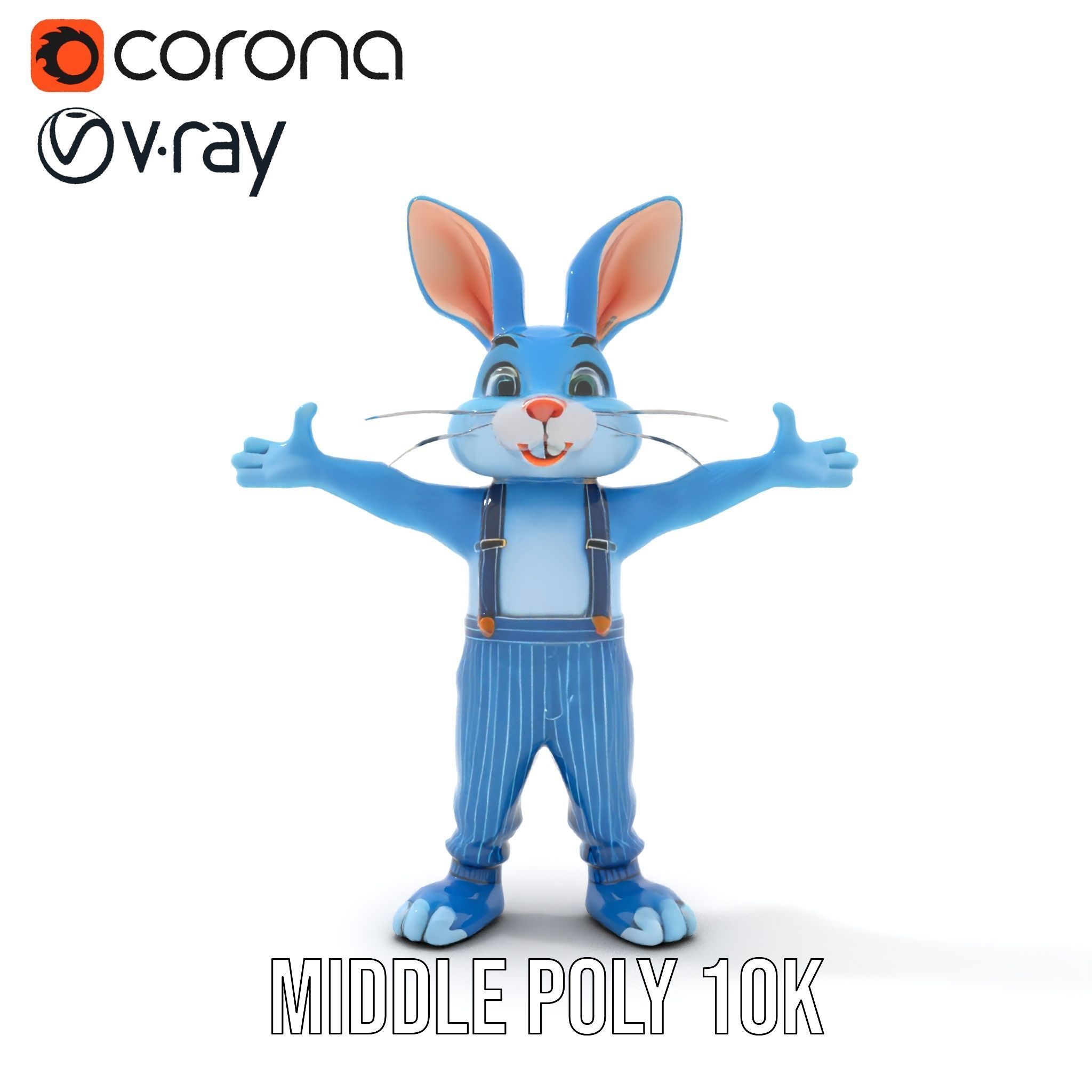 Blue Bunny Character Rigged and Animated with Suspenders Low-poly 3D model_11