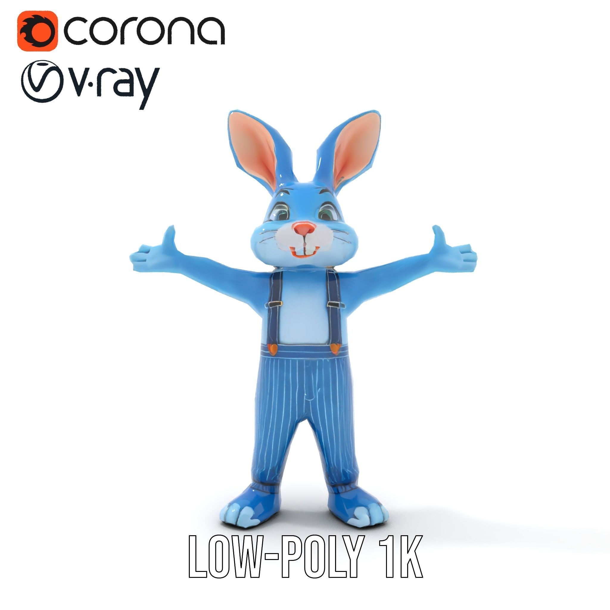 Blue Bunny Character Rigged and Animated with Suspenders Low-poly 3D model_8