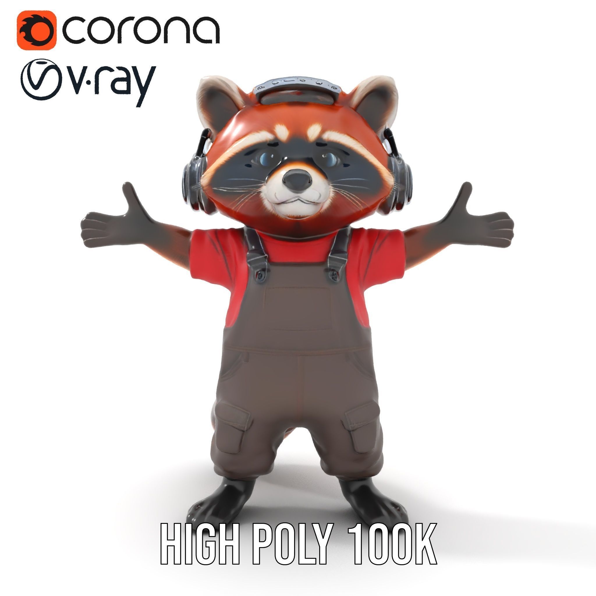 Animated Raccoon Character with Headphones Rigged and Animated Low-poly 3D model_18