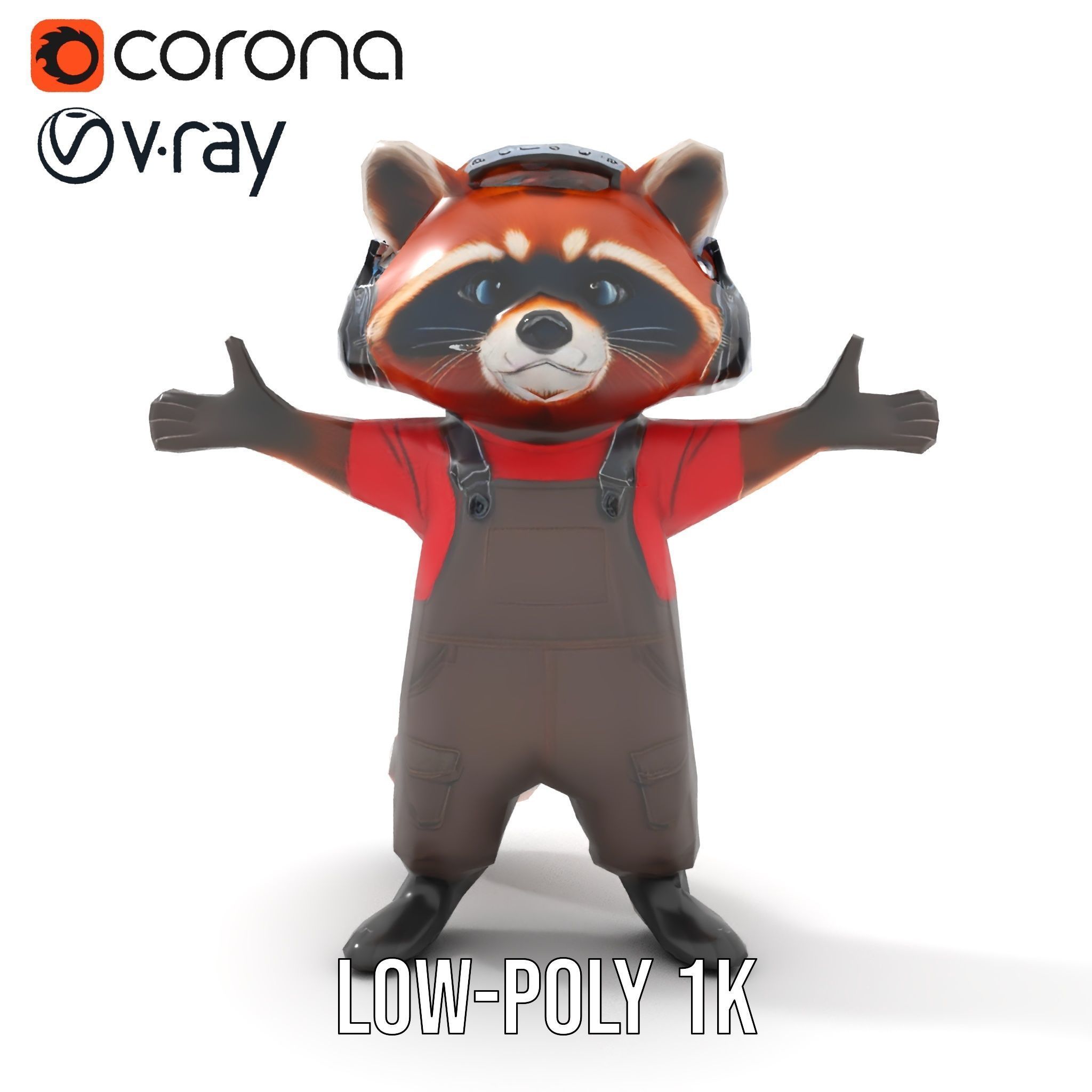 Animated Raccoon Character with Headphones Rigged and Animated Low-poly 3D model_17