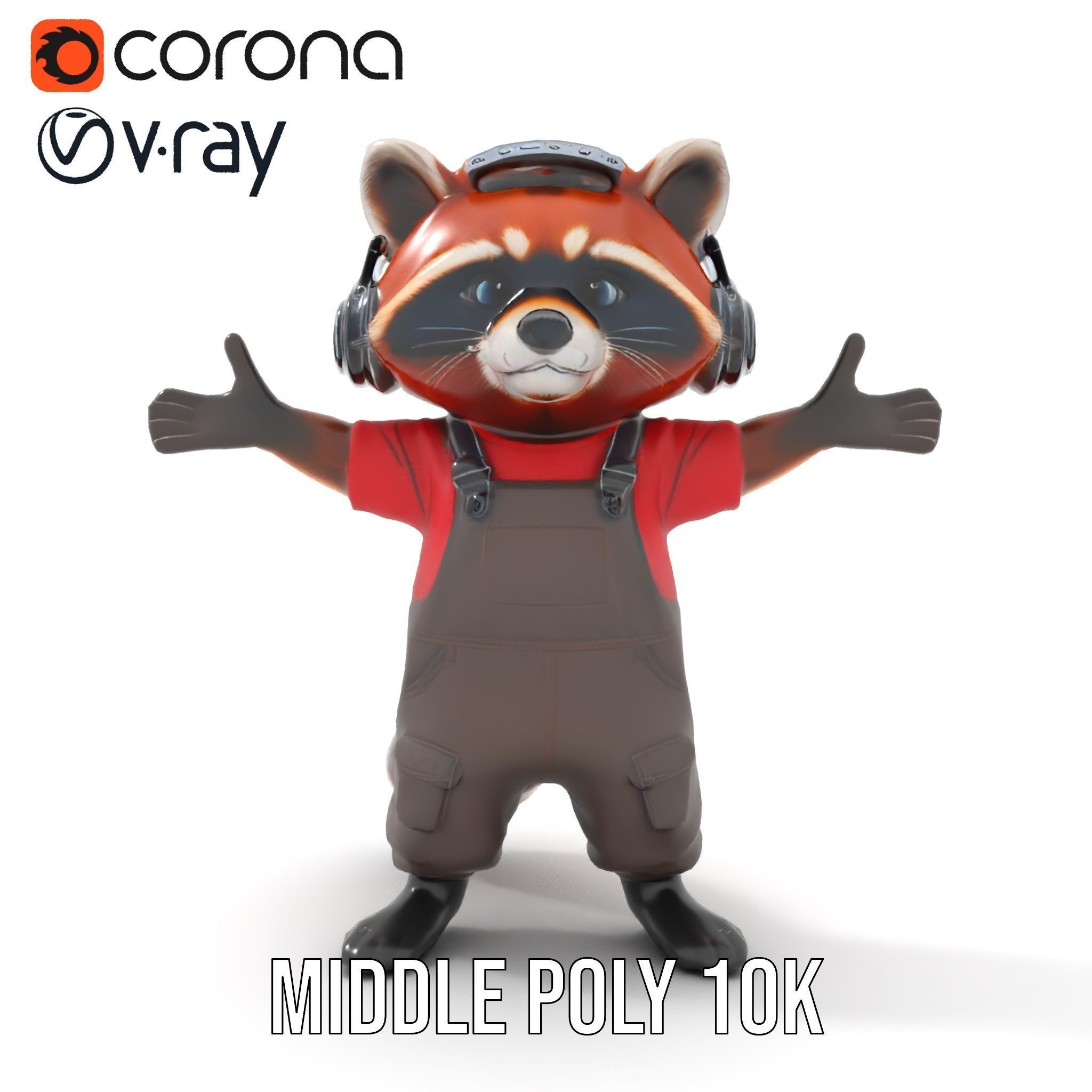 Animated Raccoon Character with Headphones Rigged and Animated Low-poly 3D model_27