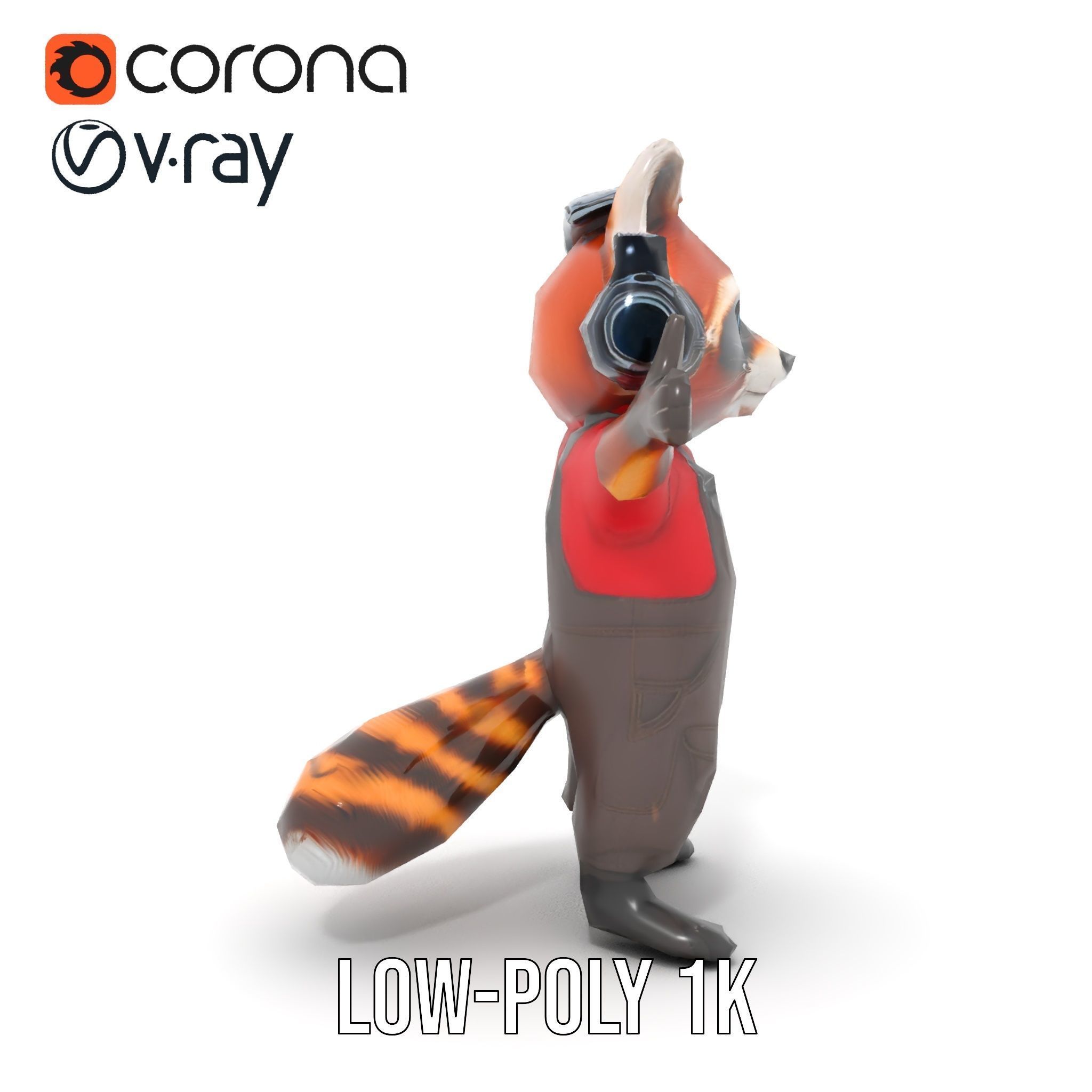 Animated Raccoon Character with Headphones Rigged and Animated Low-poly 3D model_25