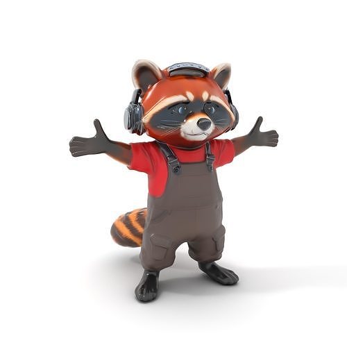 Animated Raccoon Character with Headphones Rigged and Animated Low-poly 3D model