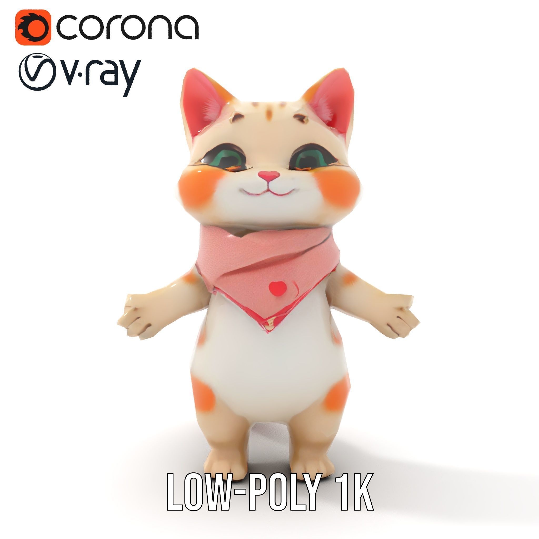 Playful Kitten with Bandana Rigged and Animated Model Low-poly 3D model_9