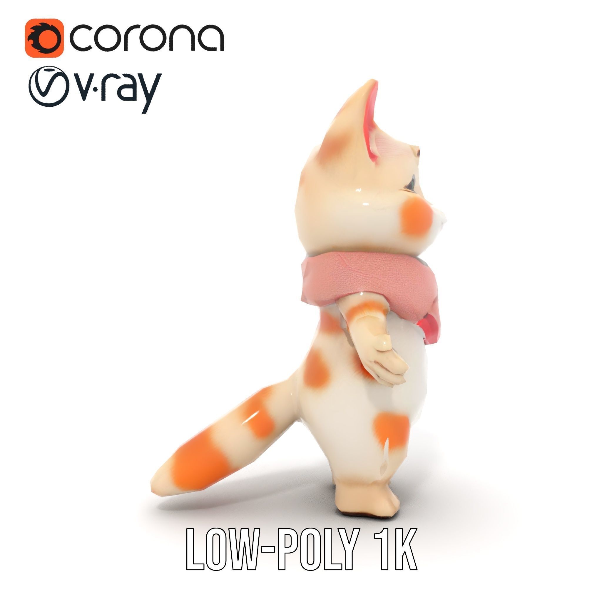 Playful Kitten with Bandana Rigged and Animated Model Low-poly 3D model_11
